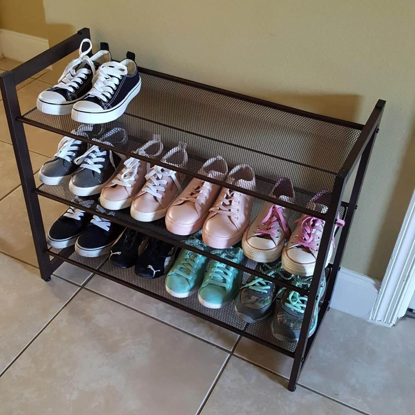 3-Tier Stackable Metal Rack Flat & Slant Adjustable Shoe Organizer Shelf for Closet Bedroom Entryway 291"x 122" x 247" Bronze