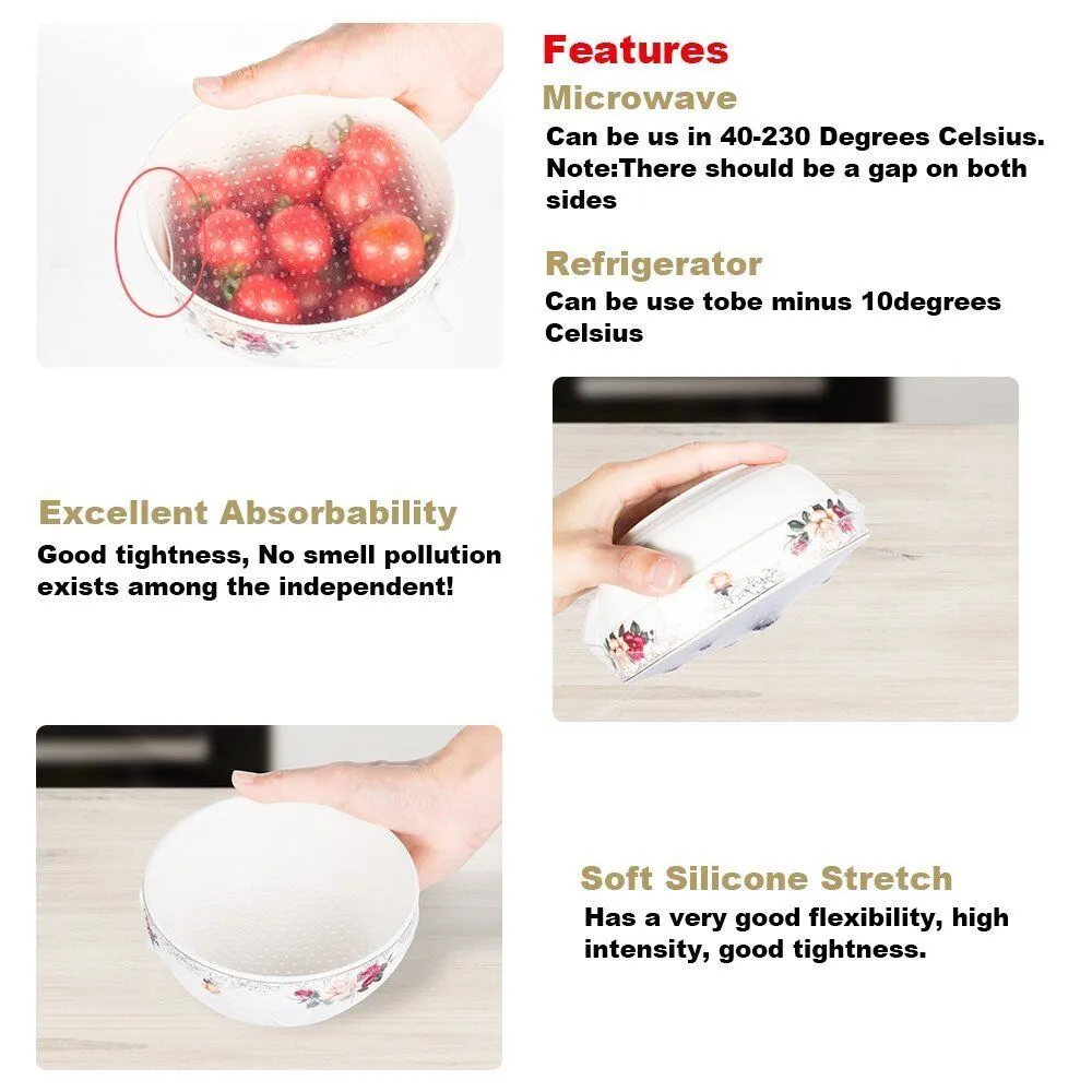 4~6 Pack Stretch Reusable Silicone Bowl Food Storage Wraps Cover Seal Fresh Lids