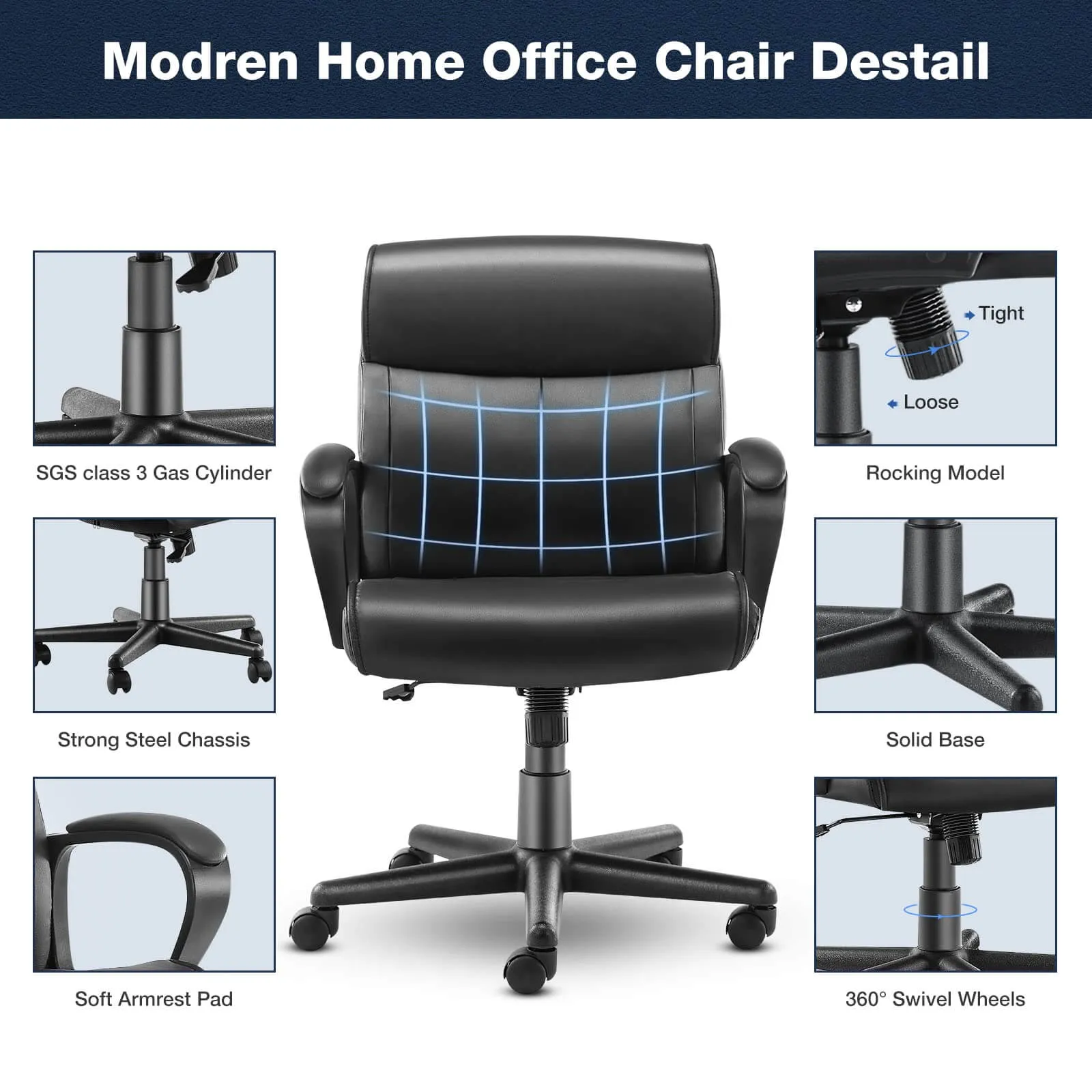 Adjustable Computer Desk Chair with Lumbar Support,Padded Armrest,Swivel Rolling