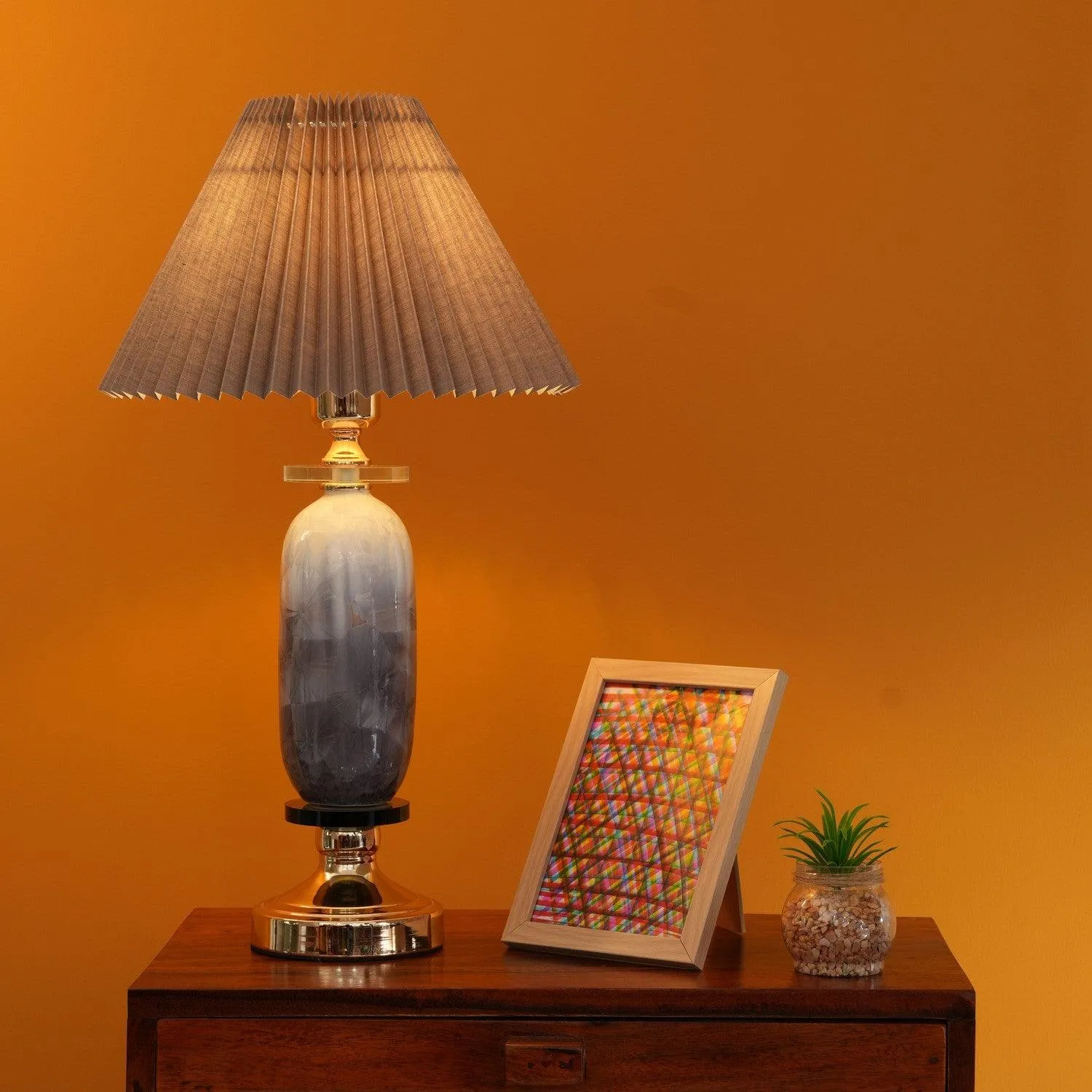 Elegant Vase-Shaped Glass Table Lamp - Grey Shade with Golden Base