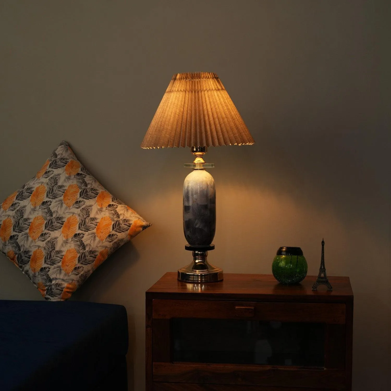 Elegant Vase-Shaped Glass Table Lamp - Grey Shade with Golden Base