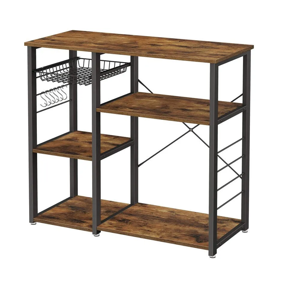Elva 35 Inch Kitchen Rack, 4 Tier Shelves, Wire Basket, Brown, Black Iron By Casagear Home