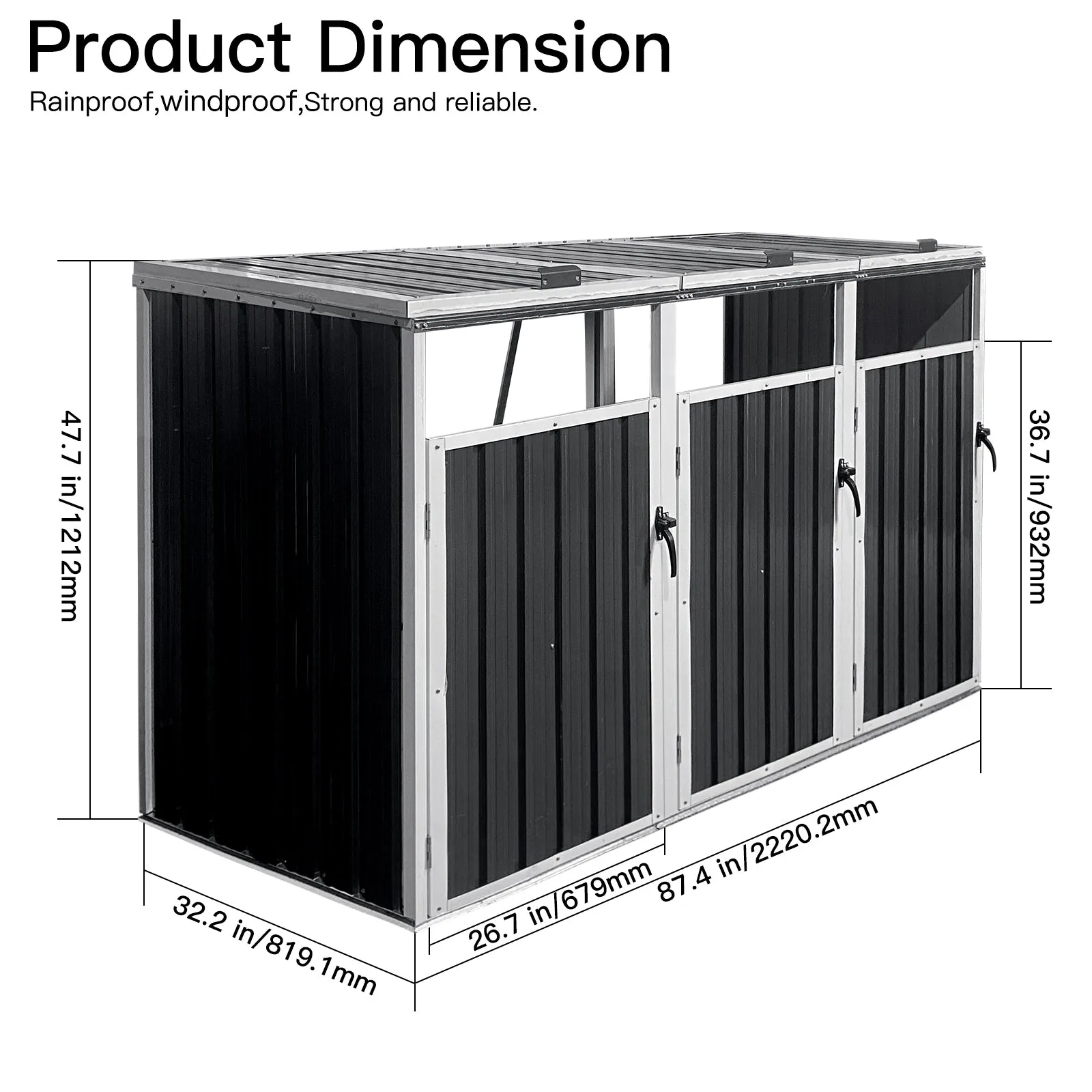 Garbage Bin Shed 3 Trash Cans, Metal Garbage Storage Bin, Grey