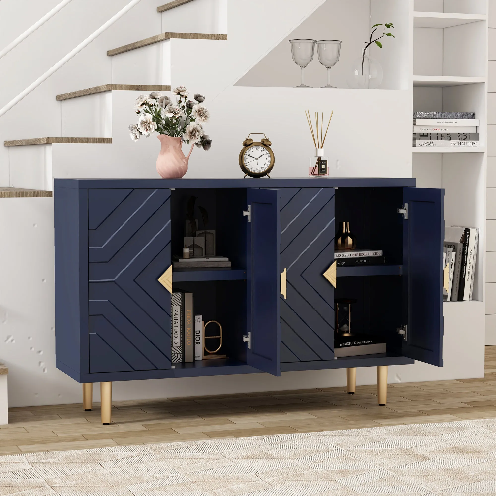 HLR Blue Modern Accent Cabinet Decorative Embossed Pattern Doors Sideboard Buffet Credenza with Storage  Stylish Storage for Living Room, Kitchen, Dining & Hallway