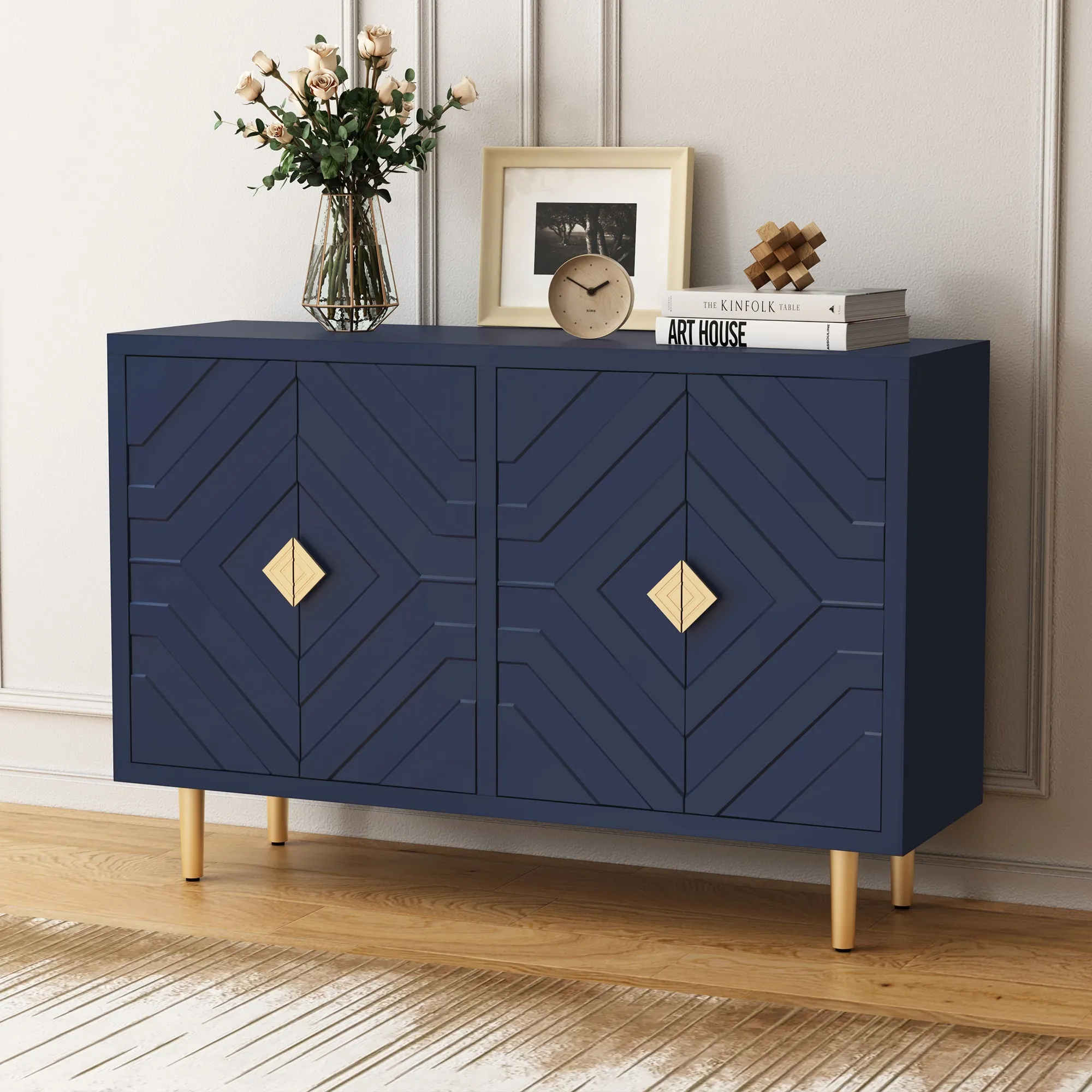 HLR Blue Modern Accent Cabinet Decorative Embossed Pattern Doors Sideboard Buffet Credenza with Storage  Stylish Storage for Living Room, Kitchen, Dining & Hallway