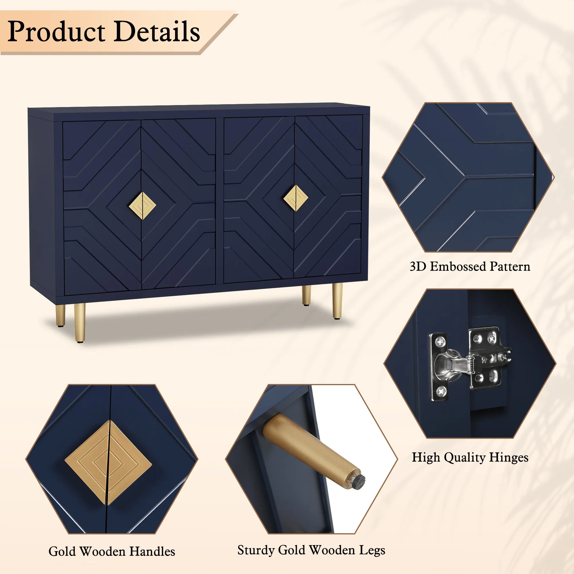 HLR Blue Modern Accent Cabinet Decorative Embossed Pattern Doors Sideboard Buffet Credenza with Storage  Stylish Storage for Living Room, Kitchen, Dining & Hallway