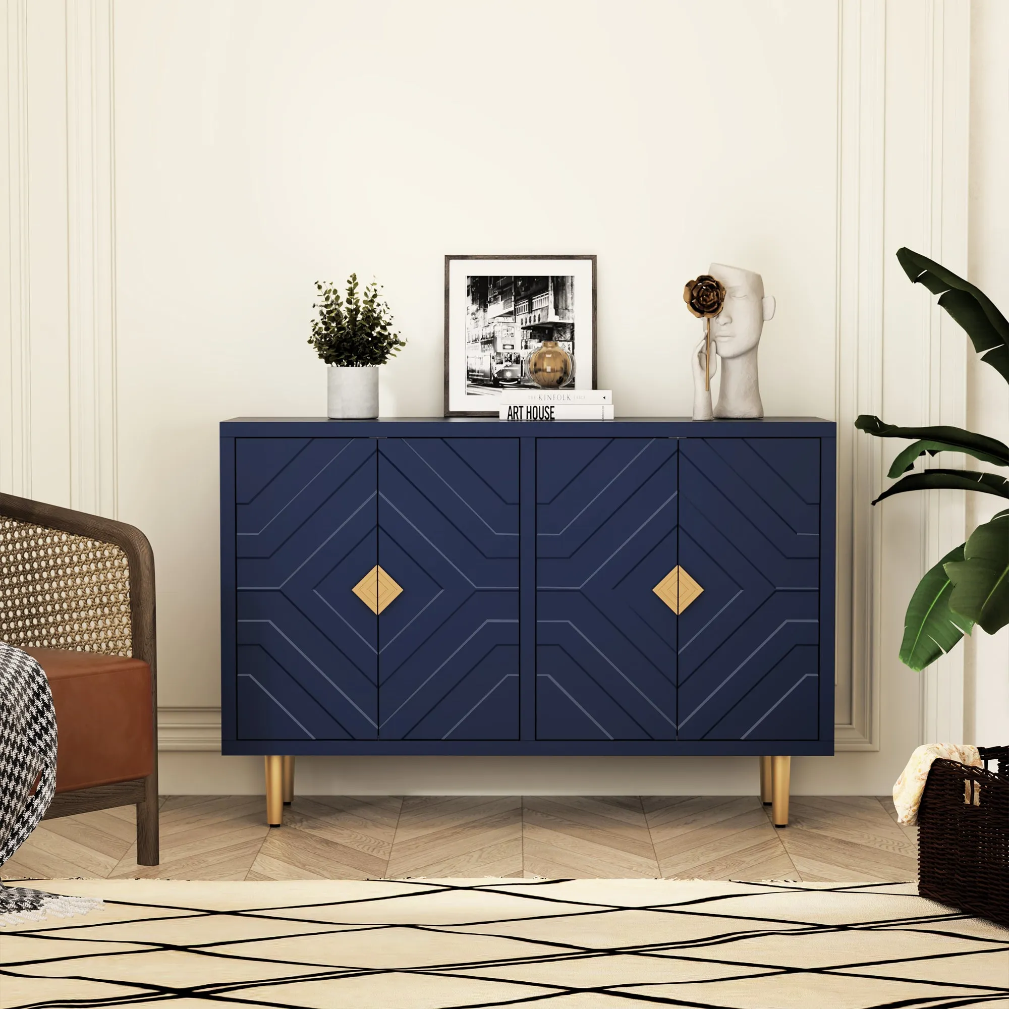HLR Blue Modern Accent Cabinet Decorative Embossed Pattern Doors Sideboard Buffet Credenza with Storage  Stylish Storage for Living Room, Kitchen, Dining & Hallway