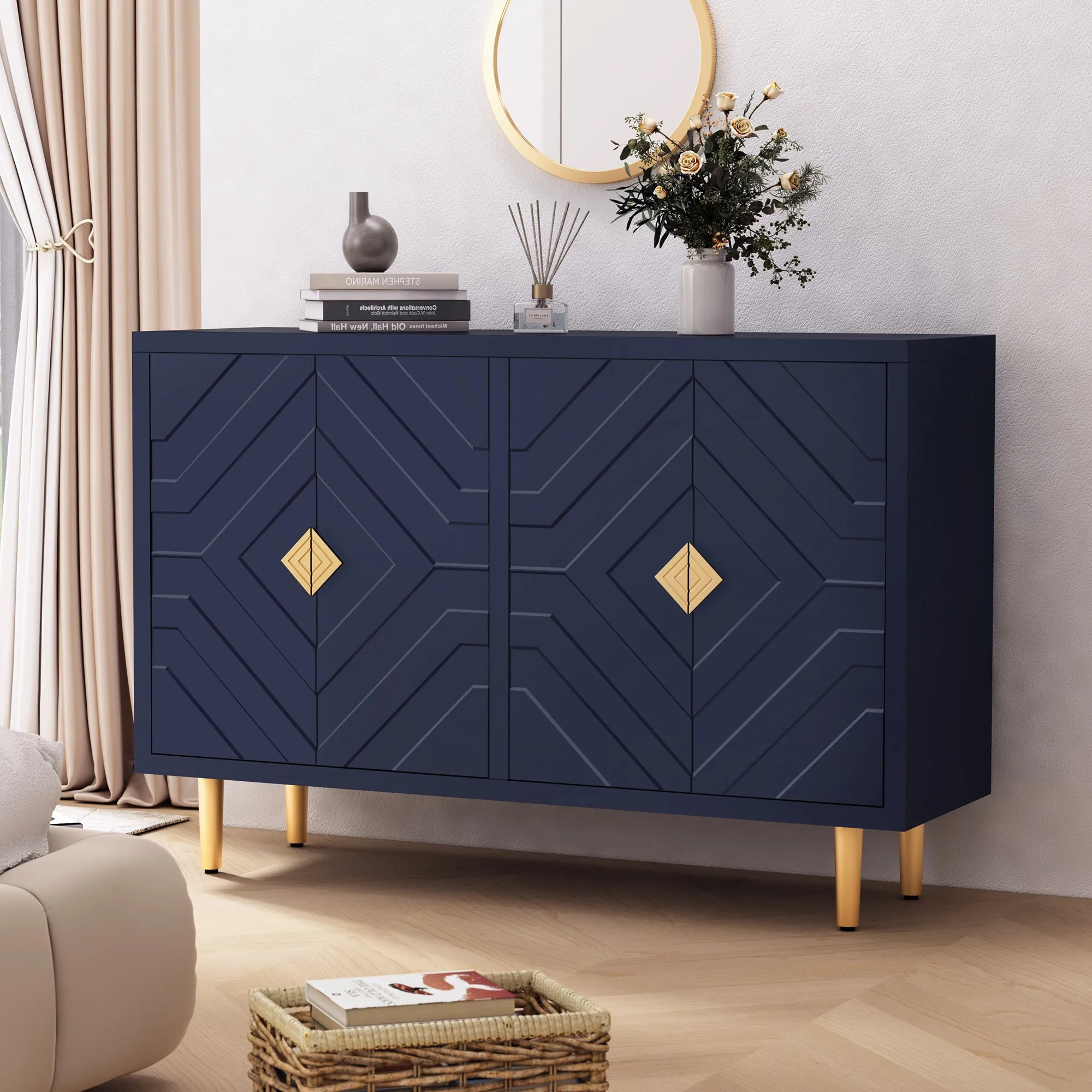 HLR Blue Modern Accent Cabinet Decorative Embossed Pattern Doors Sideboard Buffet Credenza with Storage  Stylish Storage for Living Room, Kitchen, Dining & Hallway