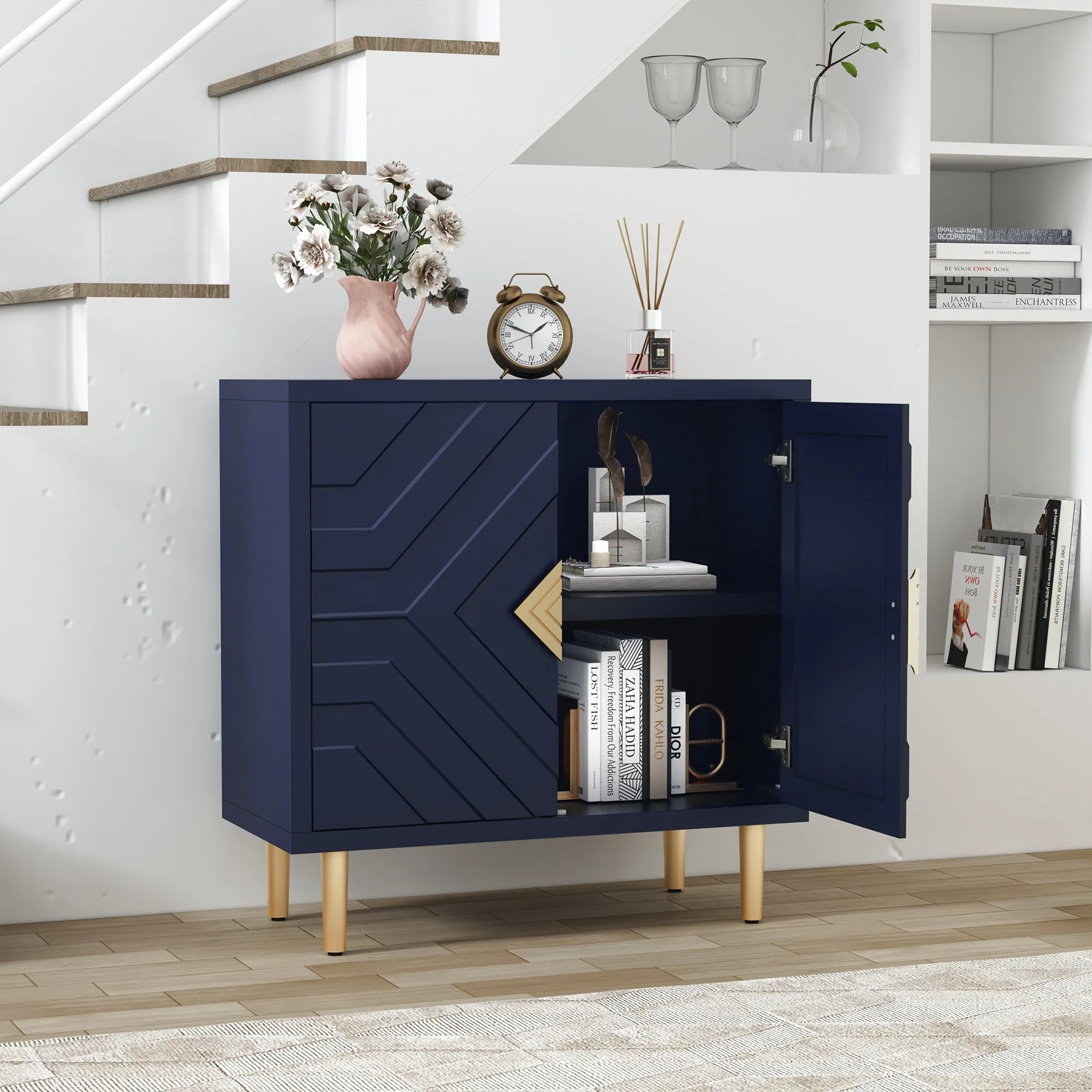 HLR Blue Modern Decorative Embossed Pattern Doors Accent Cabinet Sideboard Buffet Credenza with Storage  Stylish Storage for Living Room, Kitchen, Dining & Hallway