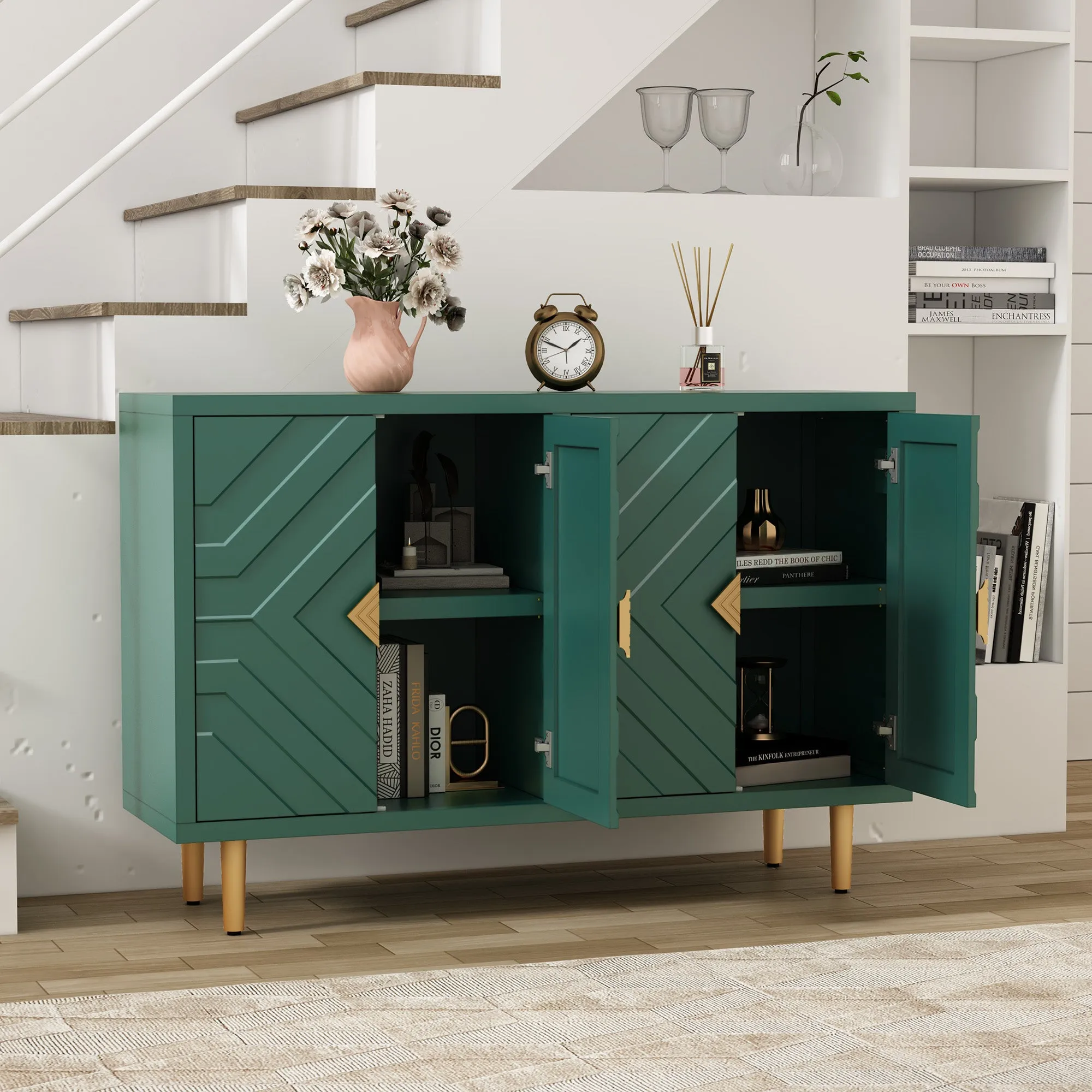 HLR Green Modern Accent Cabinet Decorative Embossed Pattern Doors Sideboard Buffet Credenza with Storage  Stylish Storage for Living Room, Kitchen, Dining & Hallway