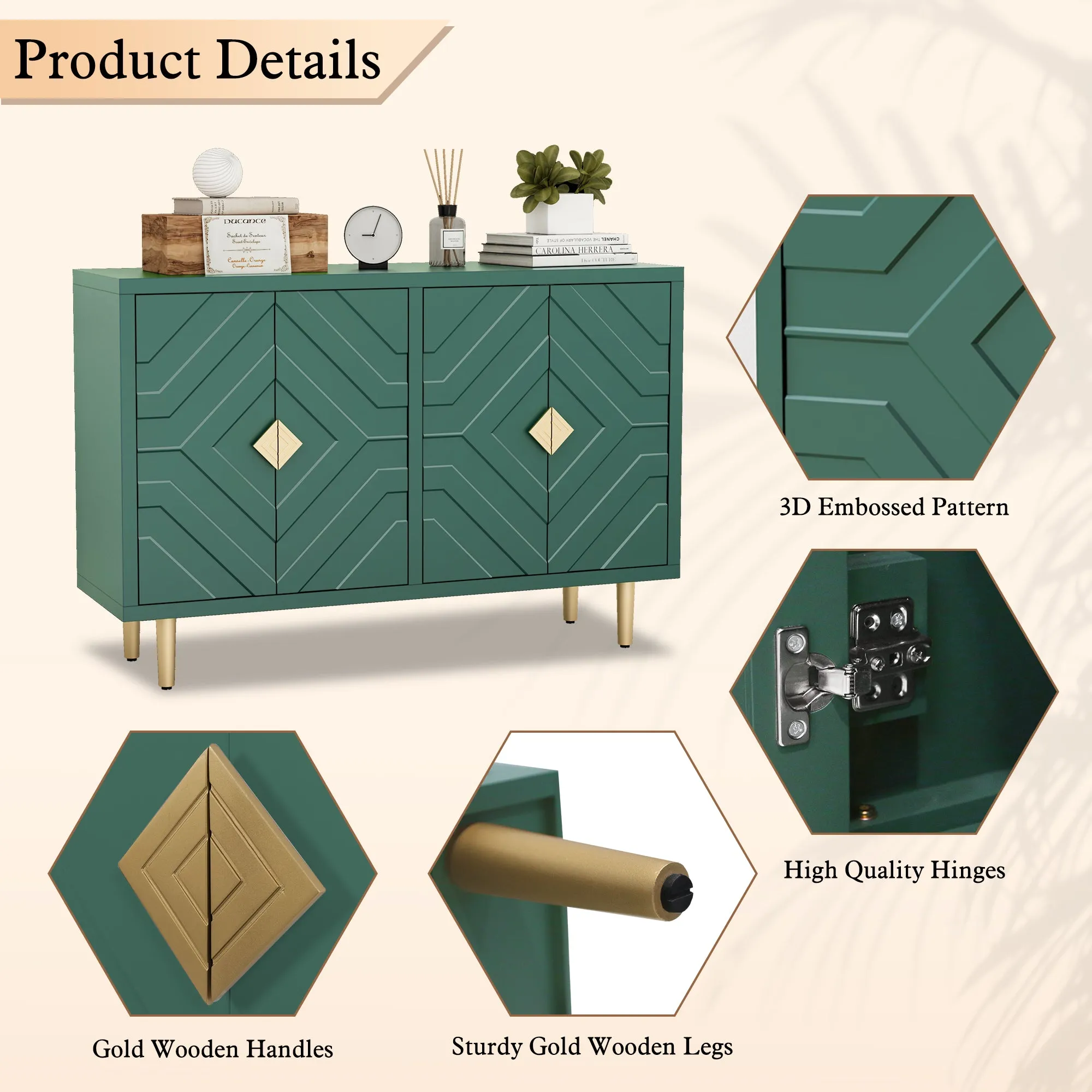 HLR Green Modern Accent Cabinet Decorative Embossed Pattern Doors Sideboard Buffet Credenza with Storage  Stylish Storage for Living Room, Kitchen, Dining & Hallway