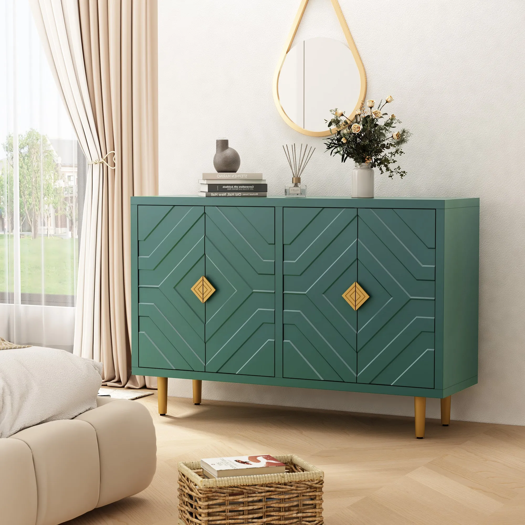 HLR Green Modern Accent Cabinet Decorative Embossed Pattern Doors Sideboard Buffet Credenza with Storage  Stylish Storage for Living Room, Kitchen, Dining & Hallway
