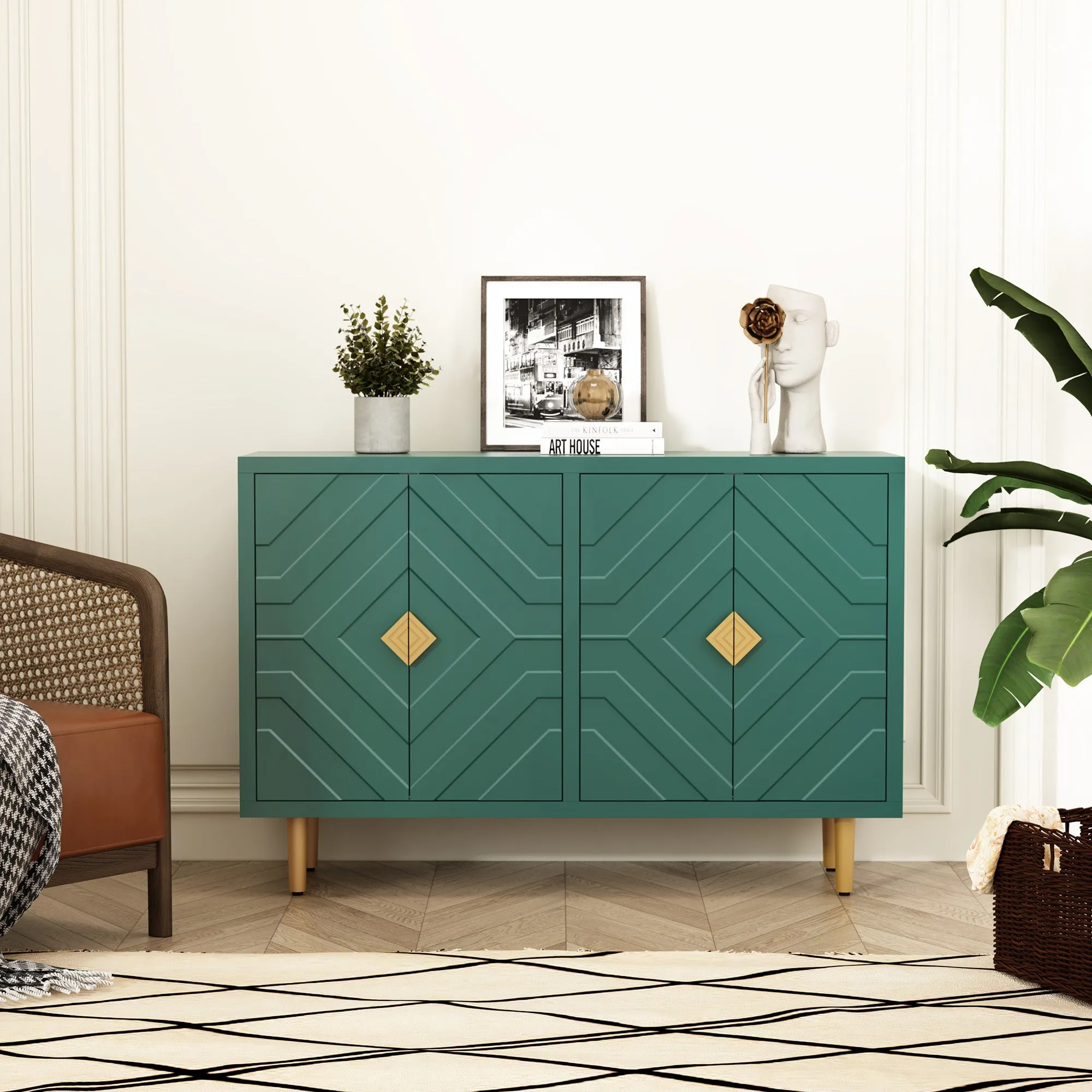 HLR Green Modern Accent Cabinet Decorative Embossed Pattern Doors Sideboard Buffet Credenza with Storage  Stylish Storage for Living Room, Kitchen, Dining & Hallway