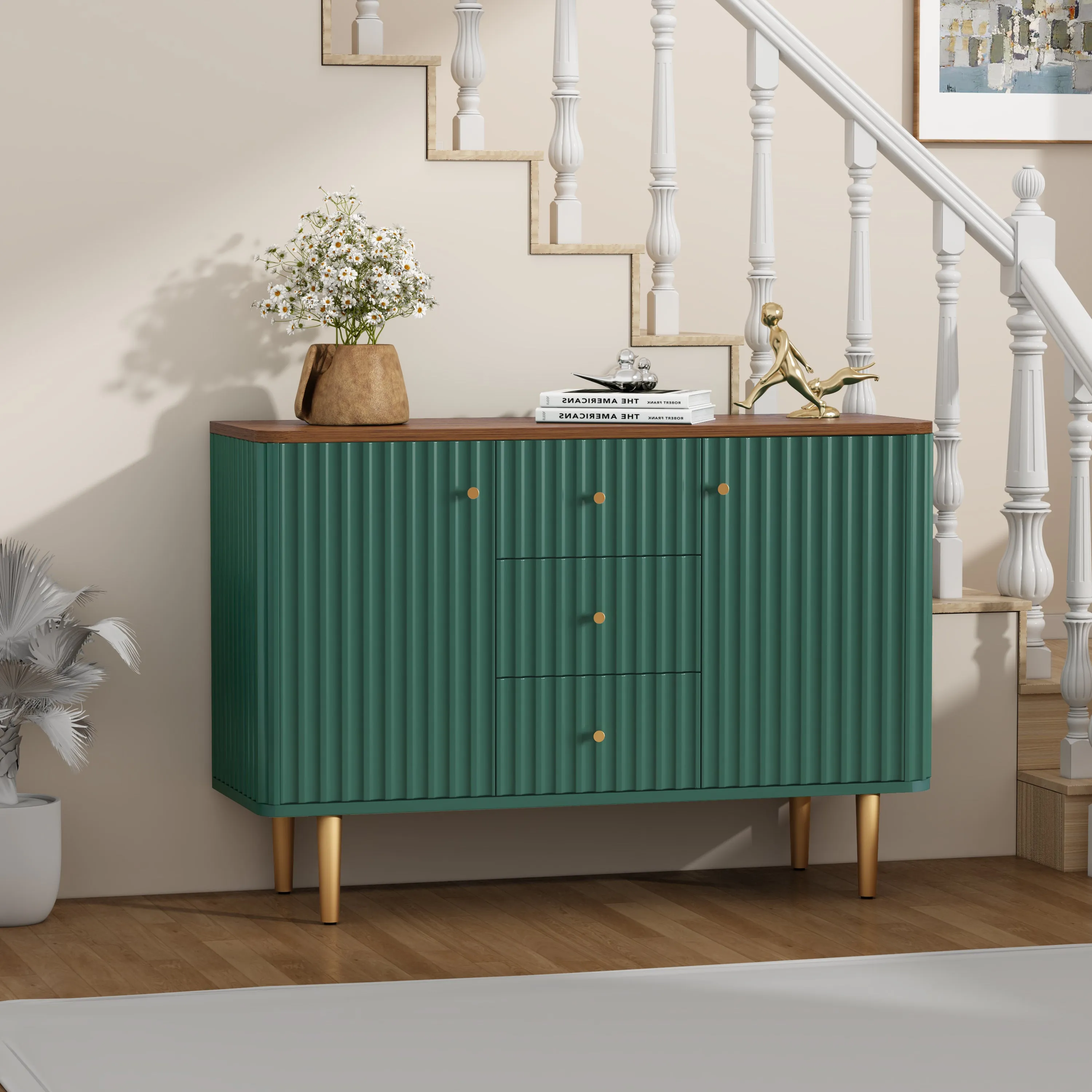 HLR Green Modern Fluted Accent Sideboard Buffet with Drawers & Storage Cabinet  Stylish Organizer for Entryway, Kitchen & Living Room