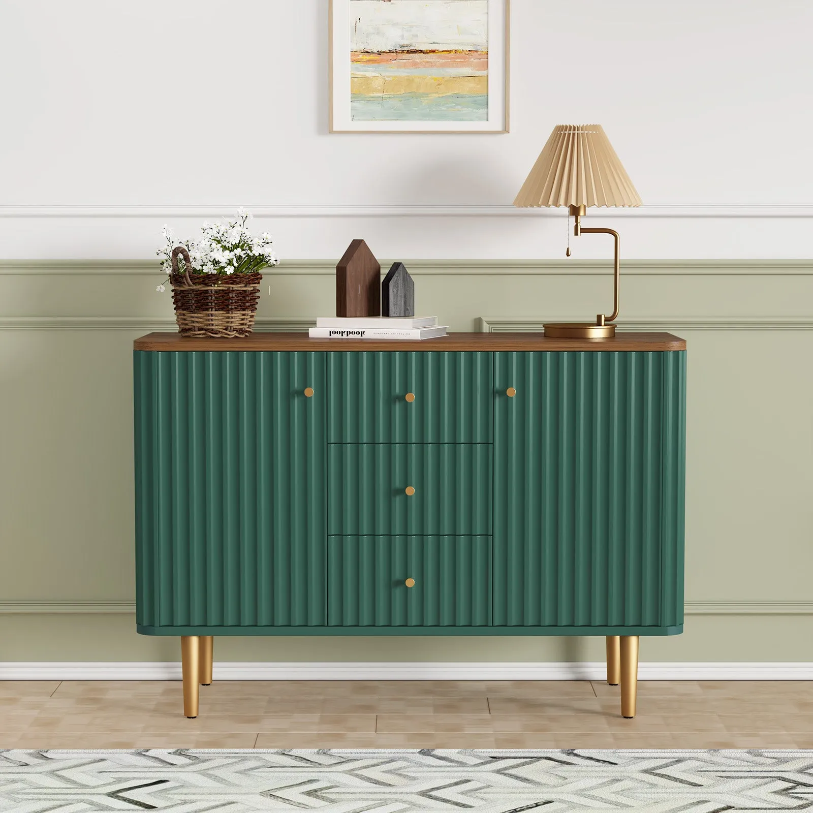 HLR Green Modern Fluted Accent Sideboard Buffet with Drawers & Storage Cabinet  Stylish Organizer for Entryway, Kitchen & Living Room