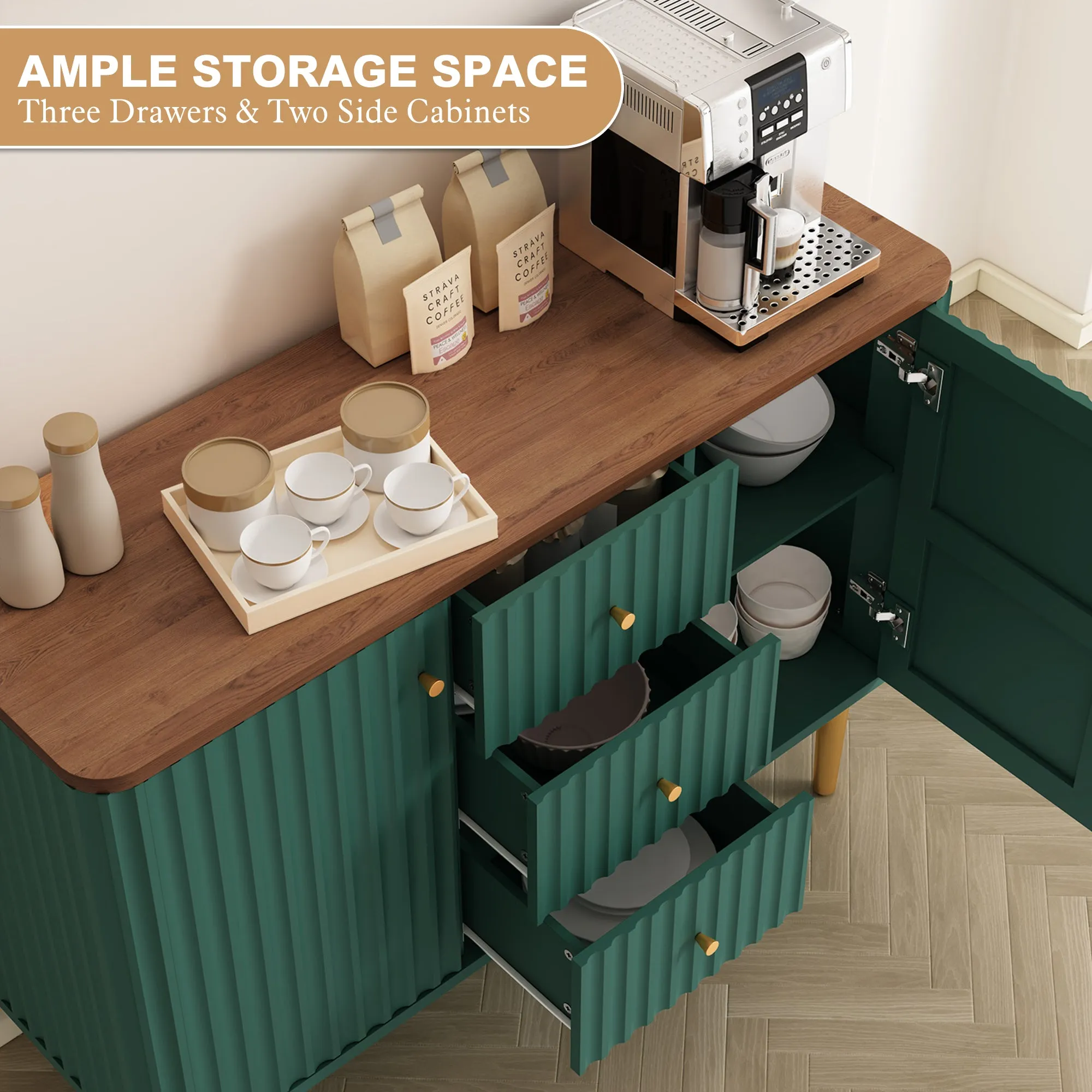 HLR Green Modern Fluted Accent Sideboard Buffet with Drawers & Storage Cabinet  Stylish Organizer for Entryway, Kitchen & Living Room