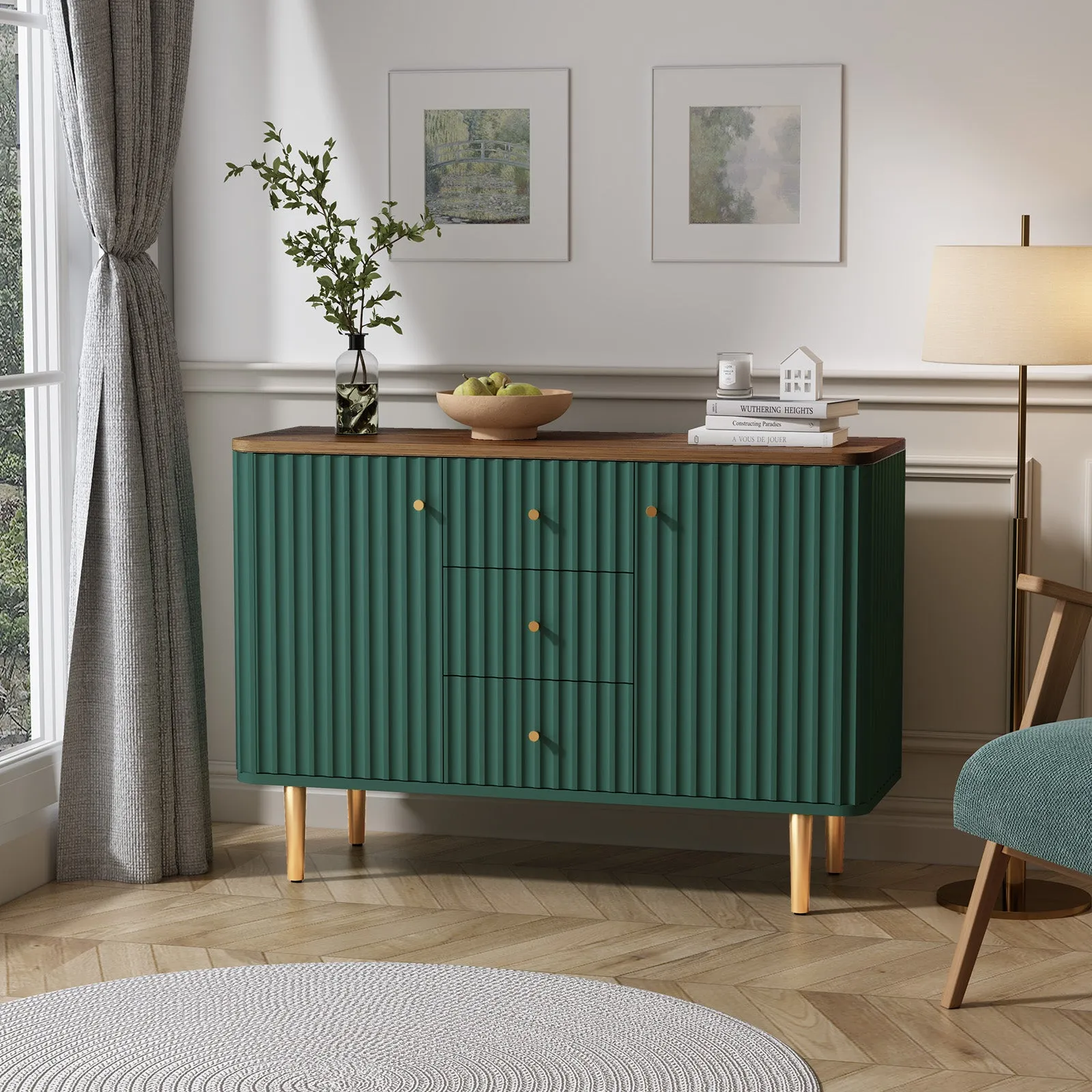 HLR Green Modern Fluted Accent Sideboard Buffet with Drawers & Storage Cabinet  Stylish Organizer for Entryway, Kitchen & Living Room