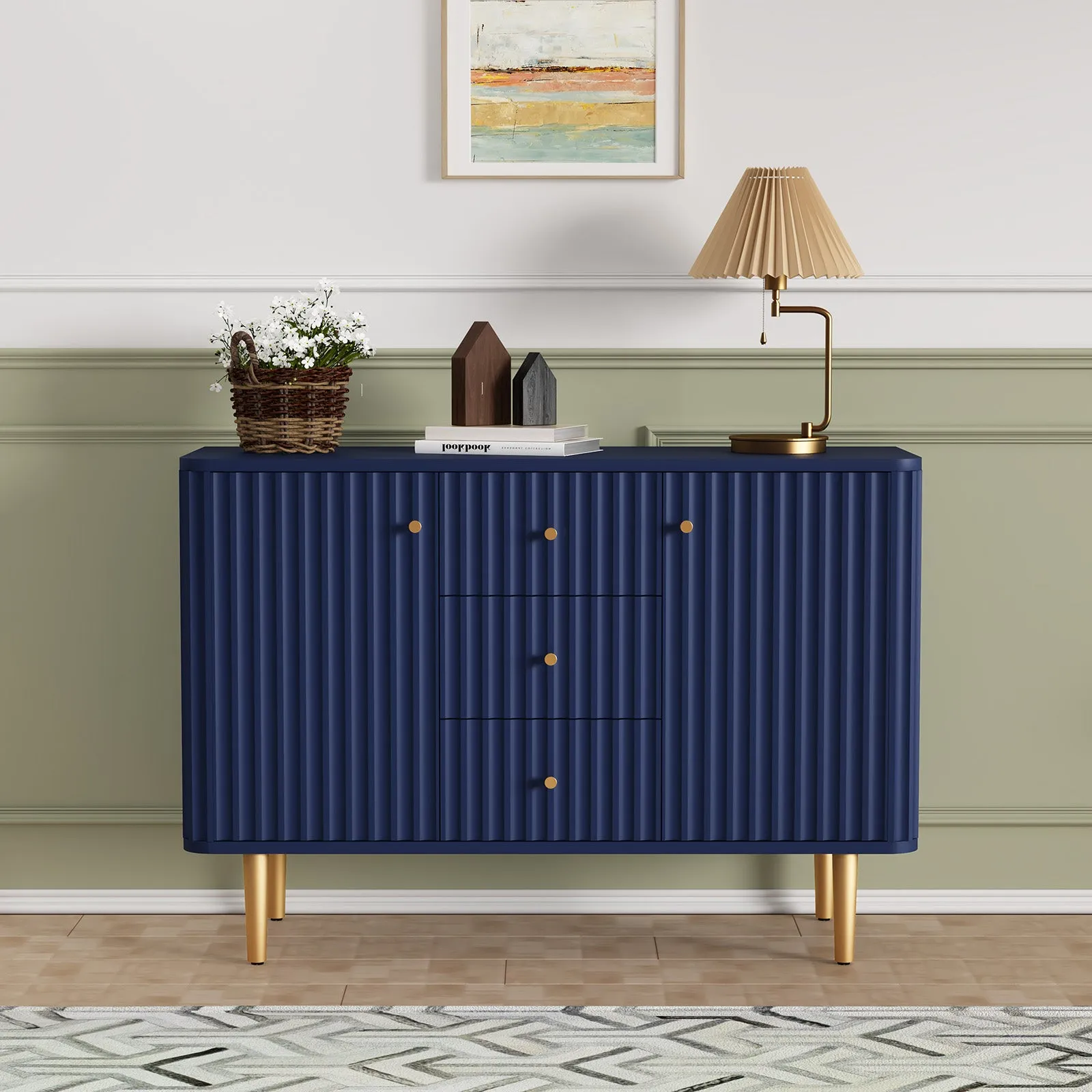 HLR Green Modern Fluted Accent Sideboard Buffet with Drawers & Storage Cabinet  Stylish Organizer for Entryway, Kitchen & Living Room