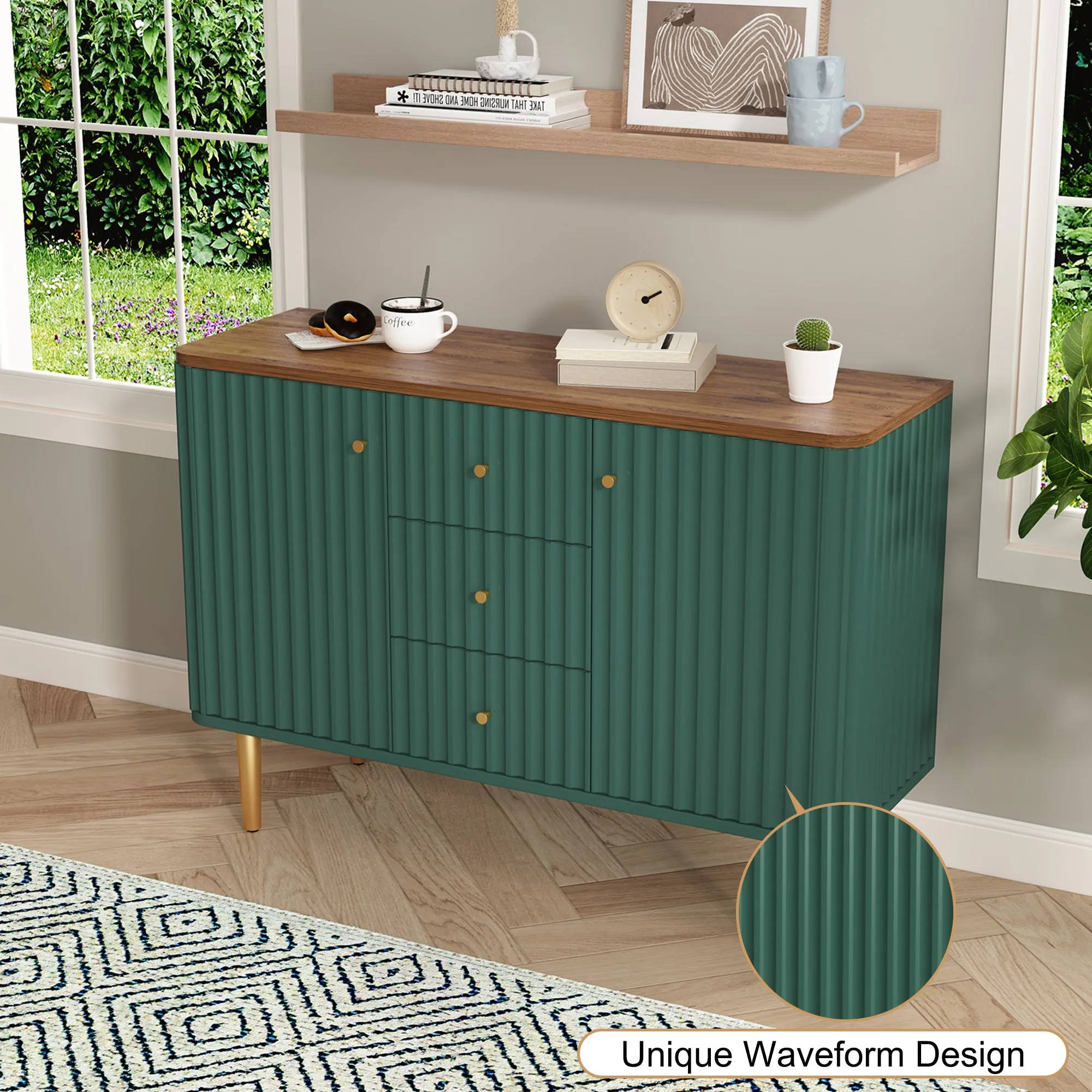 HLR Green Modern Fluted Accent Sideboard Buffet with Drawers & Storage Cabinet  Stylish Organizer for Entryway, Kitchen & Living Room