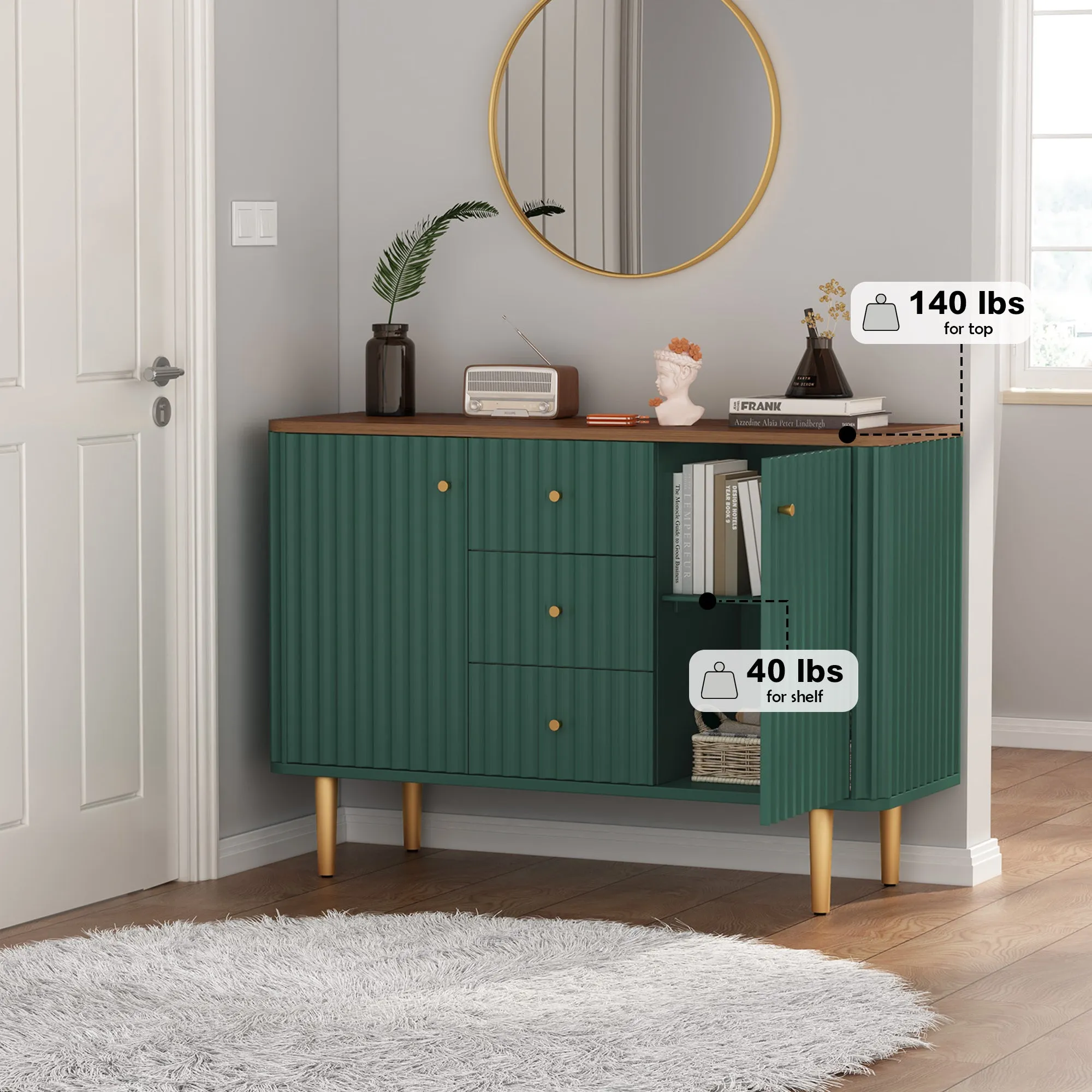 HLR Green Modern Fluted Accent Sideboard Buffet with Drawers & Storage Cabinet  Stylish Organizer for Entryway, Kitchen & Living Room