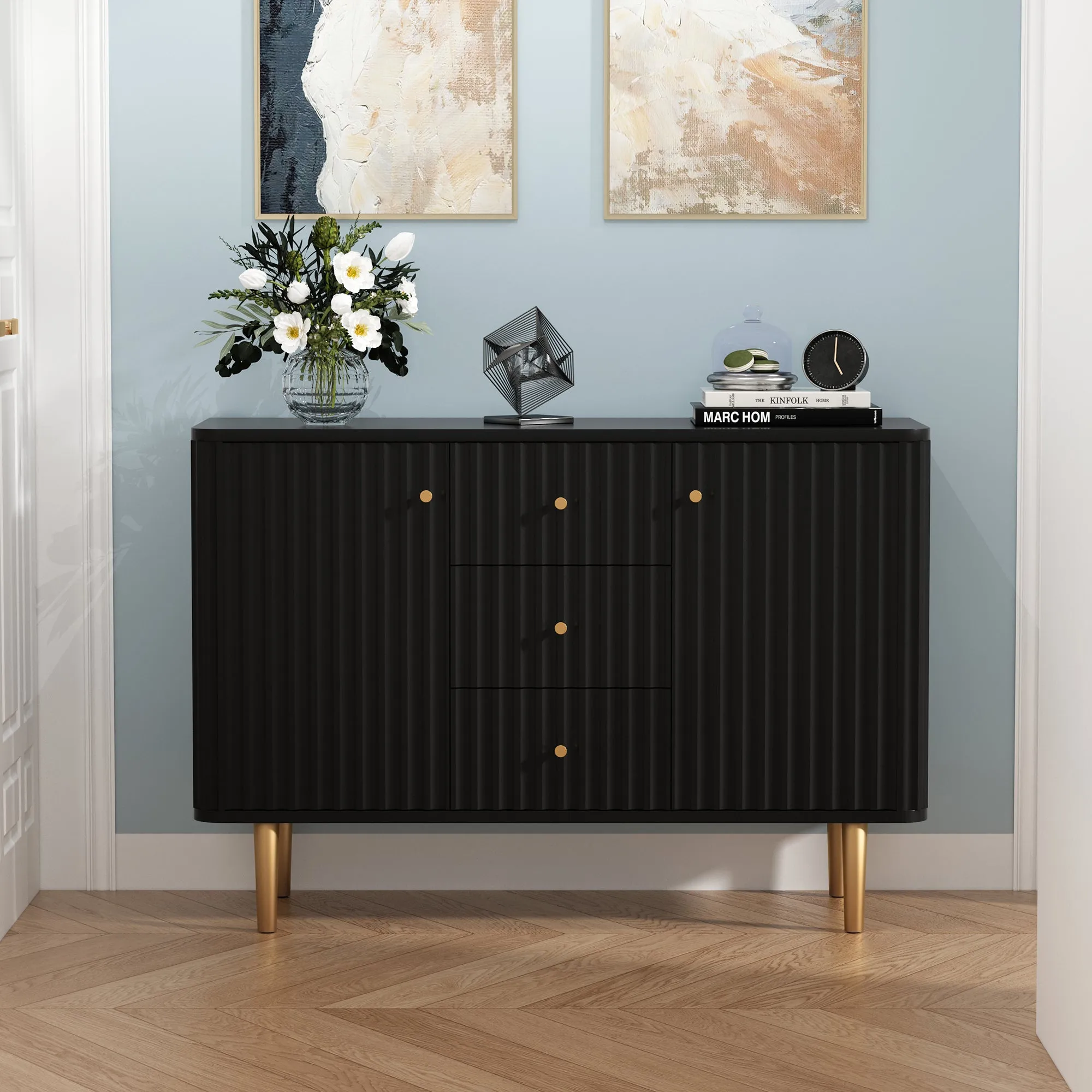 HLR Green Modern Fluted Accent Sideboard Buffet with Drawers & Storage Cabinet  Stylish Organizer for Entryway, Kitchen & Living Room