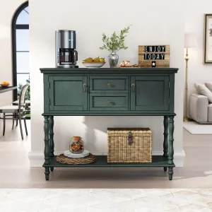 HLR Green Retro Narrow Console Table with 2-Drawer, 2-Door Storage & Open Shelving  Stylish Organizer for Foyer, Hallway & Living Room