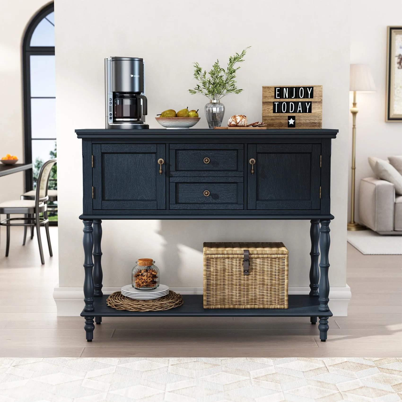 HLR Green Retro Narrow Console Table with 2-Drawer, 2-Door Storage & Open Shelving  Stylish Organizer for Foyer, Hallway & Living Room
