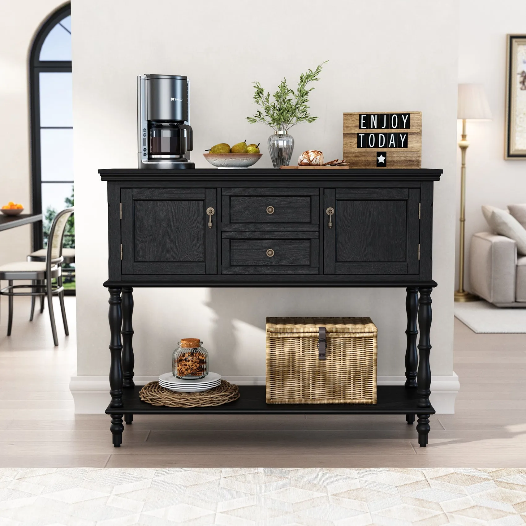HLR Green Retro Narrow Console Table with 2-Drawer, 2-Door Storage & Open Shelving  Stylish Organizer for Foyer, Hallway & Living Room