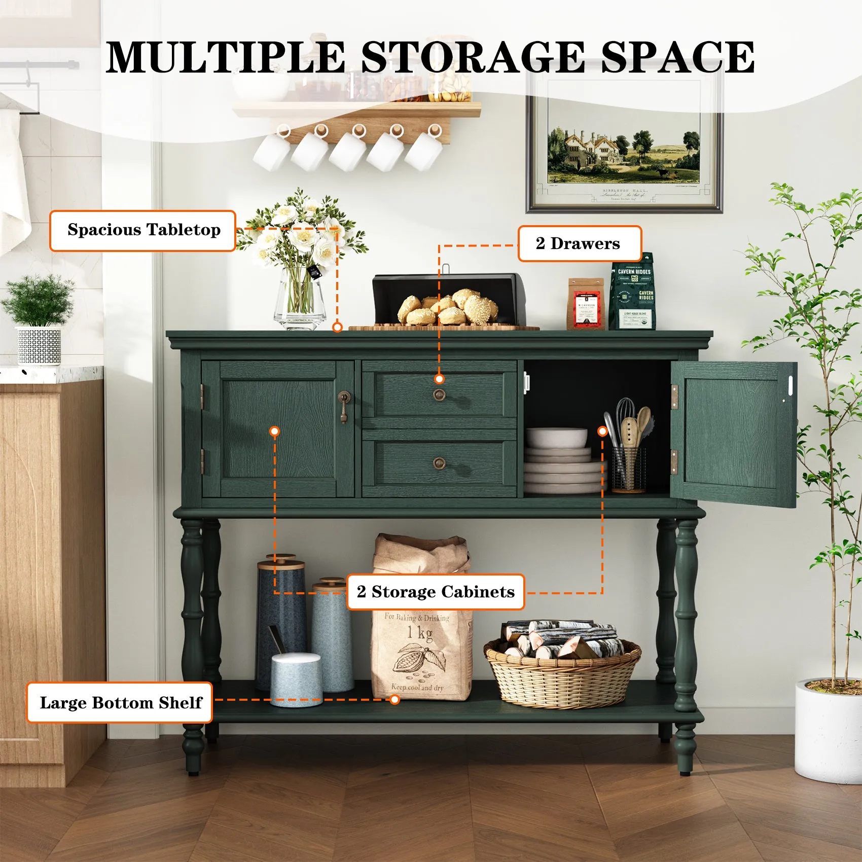 HLR Green Retro Narrow Console Table with 2-Drawer, 2-Door Storage & Open Shelving  Stylish Organizer for Foyer, Hallway & Living Room