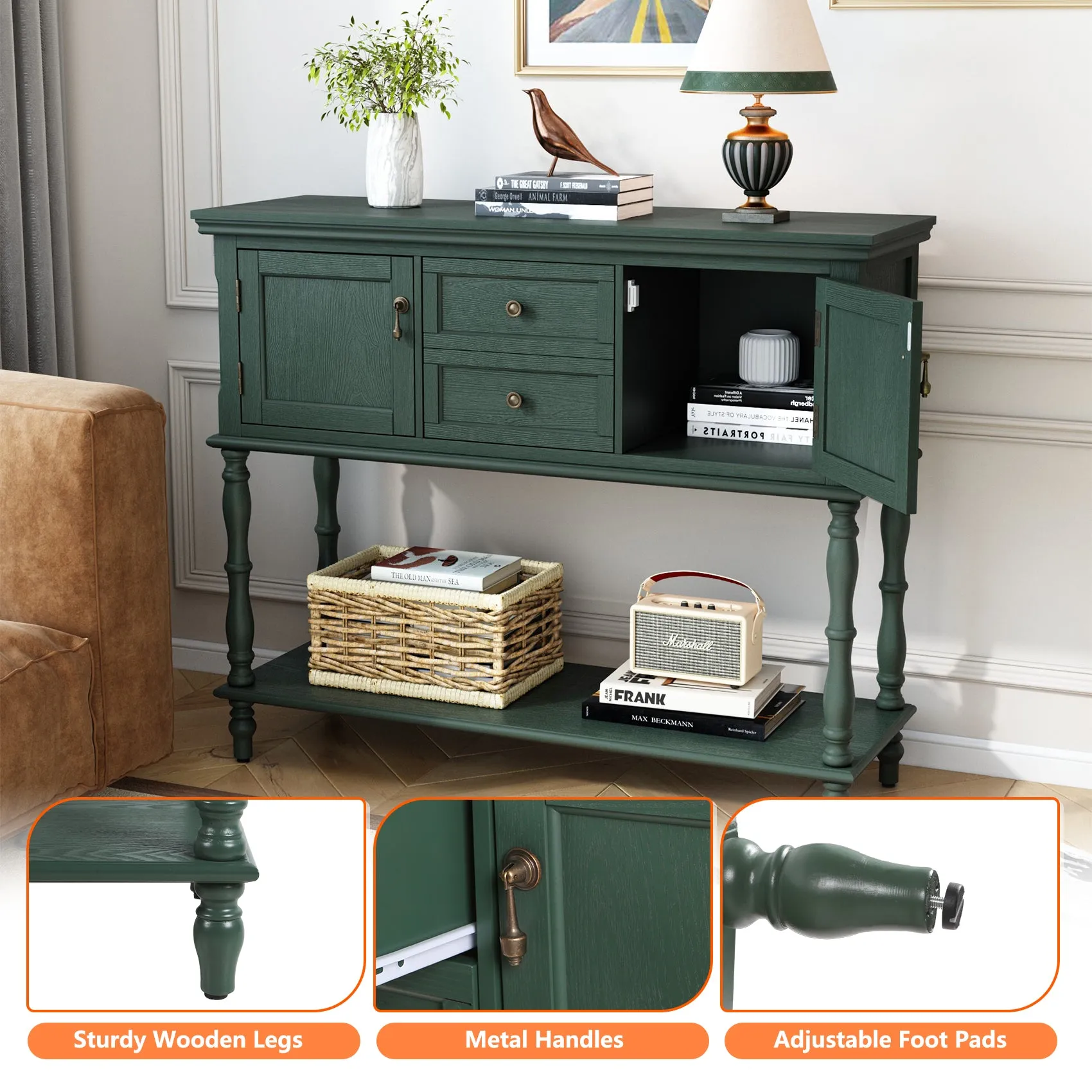 HLR Green Retro Narrow Console Table with 2-Drawer, 2-Door Storage & Open Shelving  Stylish Organizer for Foyer, Hallway & Living Room