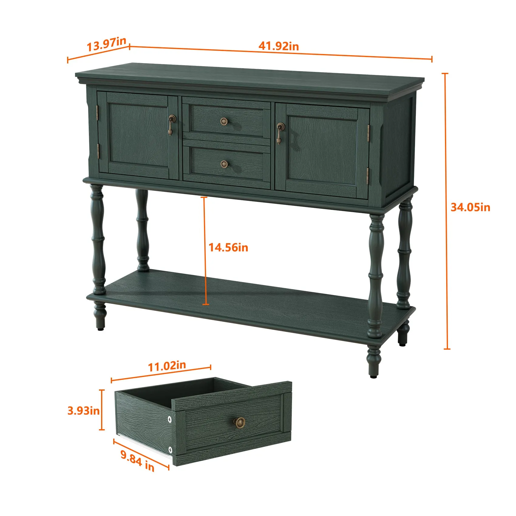 HLR Green Retro Narrow Console Table with 2-Drawer, 2-Door Storage & Open Shelving  Stylish Organizer for Foyer, Hallway & Living Room