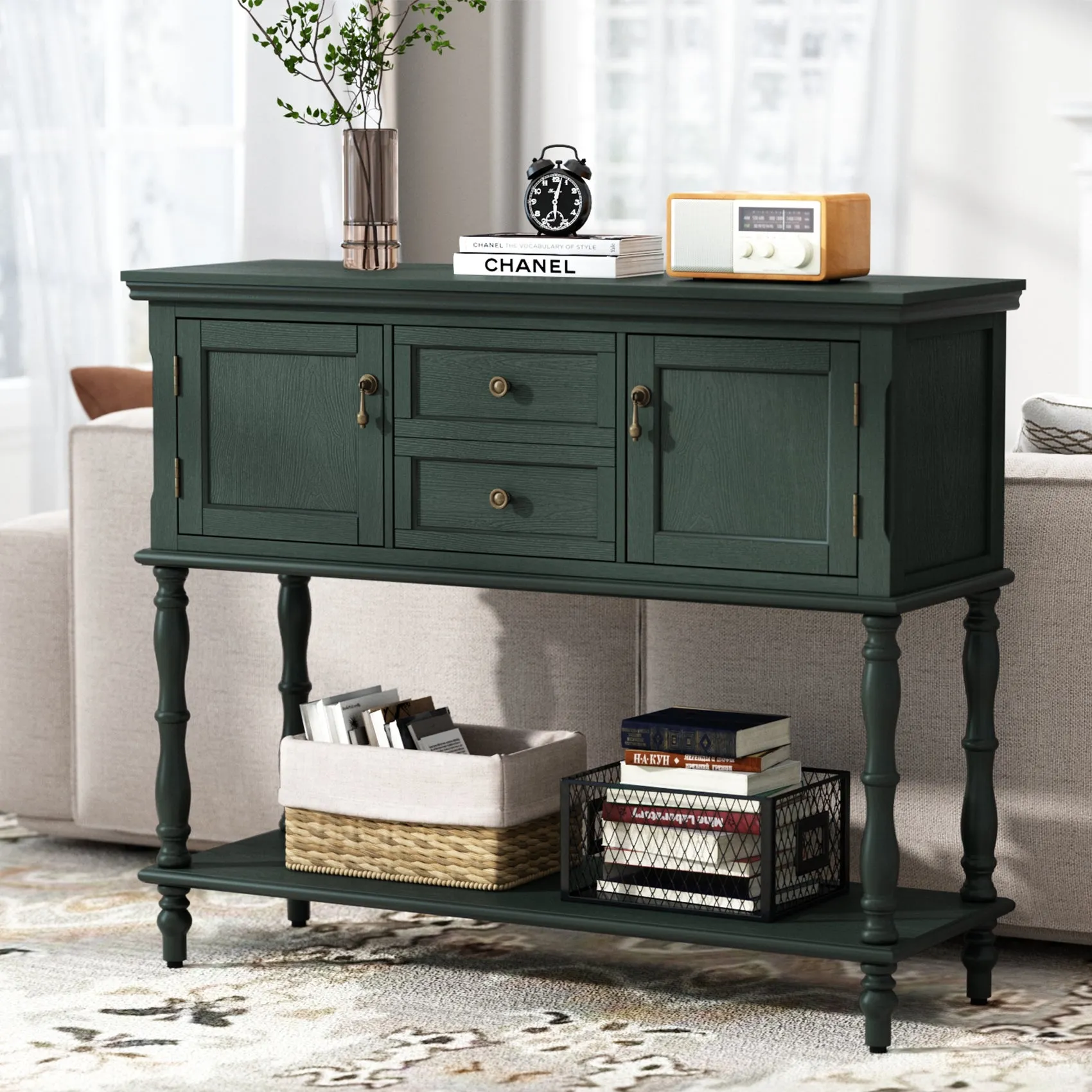 HLR Green Retro Narrow Console Table with 2-Drawer, 2-Door Storage & Open Shelving  Stylish Organizer for Foyer, Hallway & Living Room