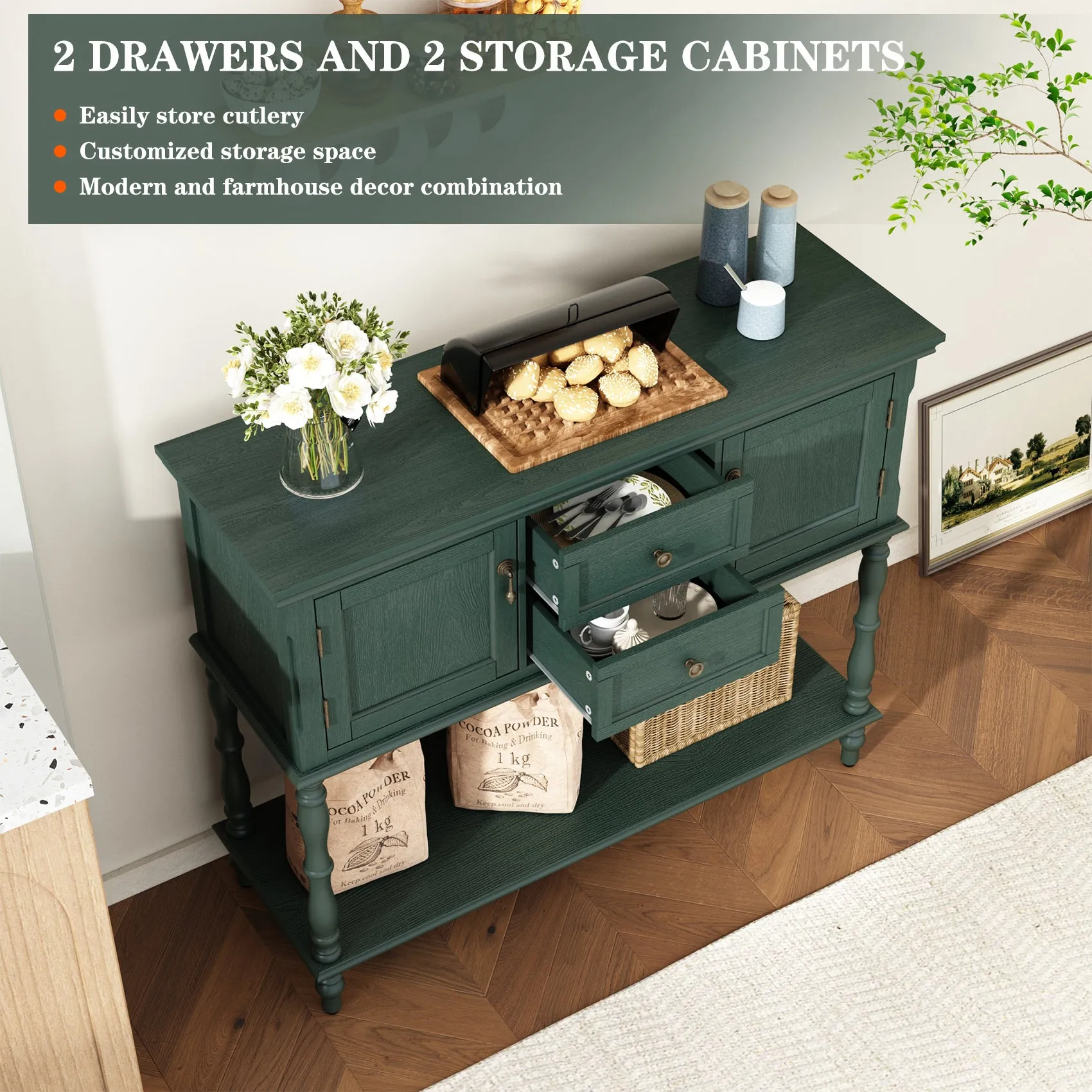 HLR Green Retro Narrow Console Table with 2-Drawer, 2-Door Storage & Open Shelving  Stylish Organizer for Foyer, Hallway & Living Room