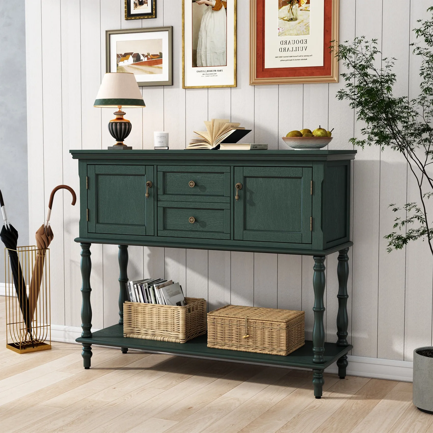 HLR Green Retro Narrow Console Table with 2-Drawer, 2-Door Storage & Open Shelving  Stylish Organizer for Foyer, Hallway & Living Room