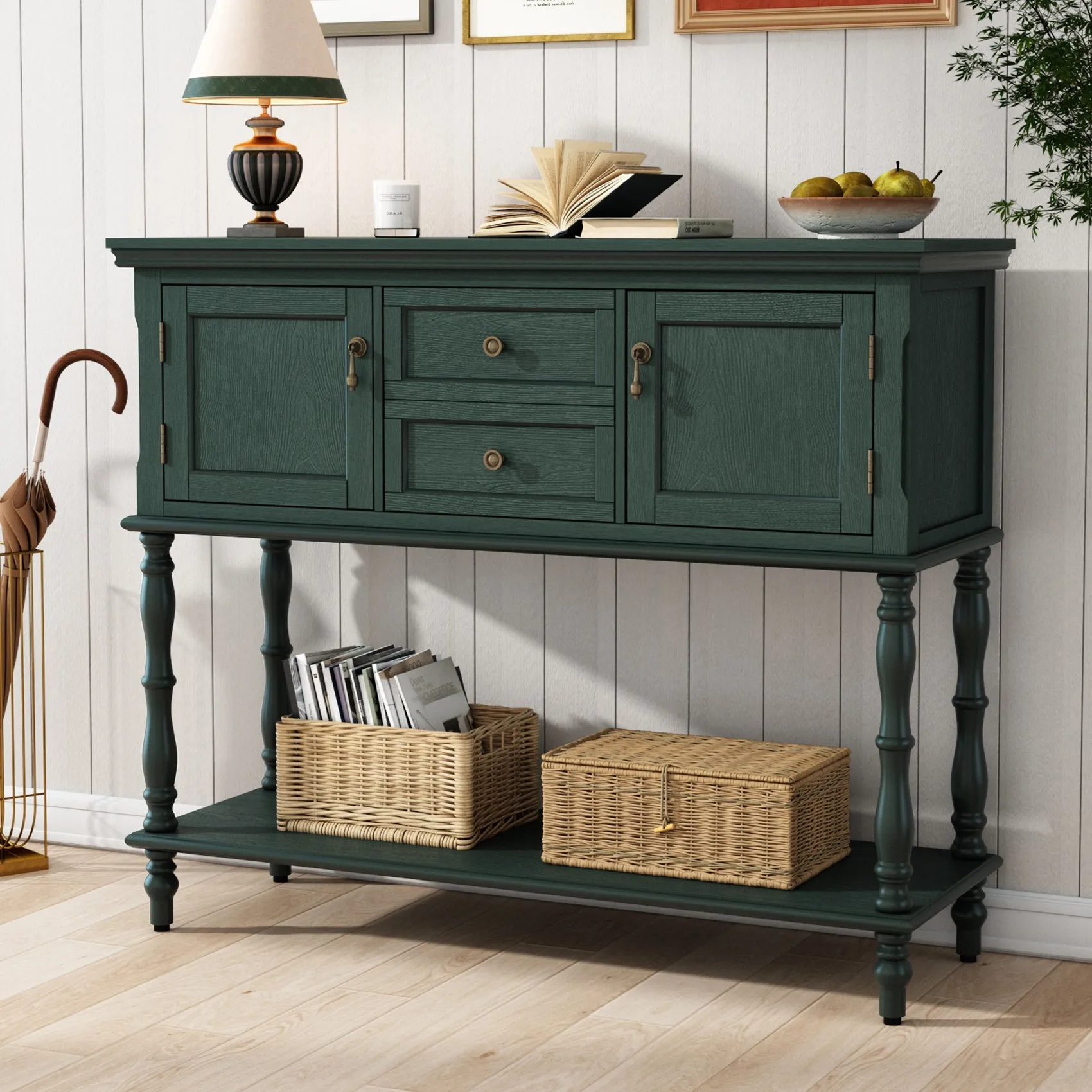 HLR Green Retro Narrow Console Table with 2-Drawer, 2-Door Storage & Open Shelving  Stylish Organizer for Foyer, Hallway & Living Room