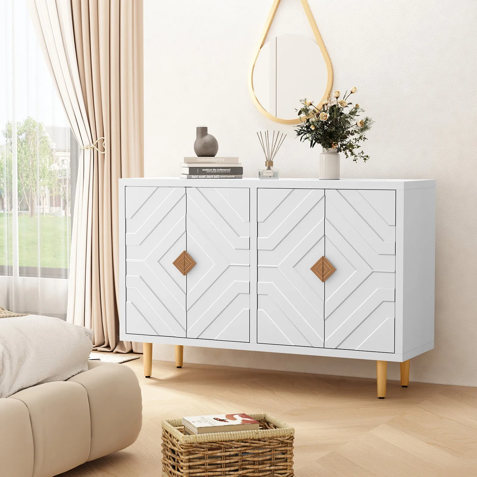 HLR White Modern Accent Cabinet Decorative Embossed Pattern Doors Sideboard Buffet Credenza with Storage  Stylish Storage for Living Room, Kitchen, Dining & Hallway
