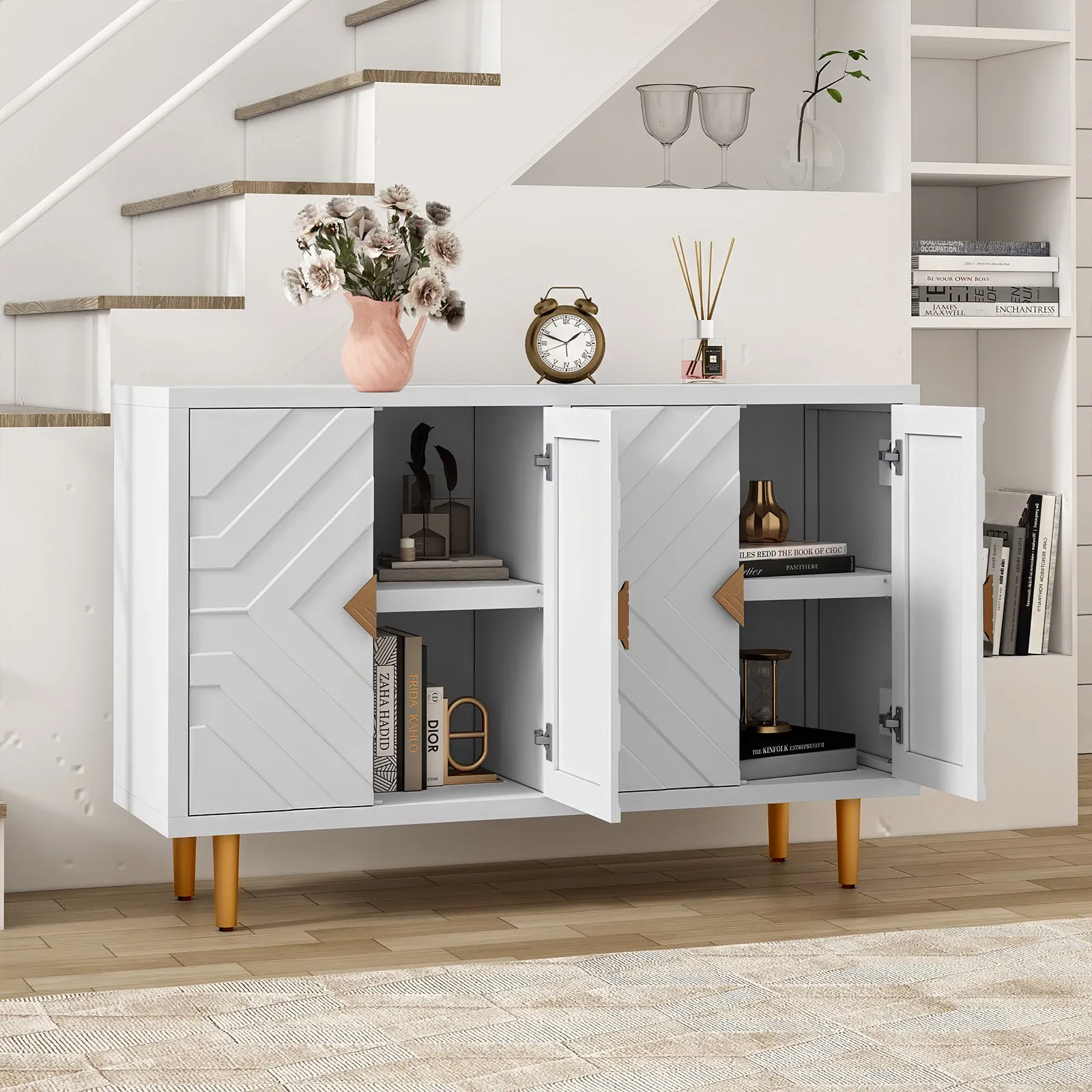 HLR White Modern Accent Cabinet Decorative Embossed Pattern Doors Sideboard Buffet Credenza with Storage  Stylish Storage for Living Room, Kitchen, Dining & Hallway