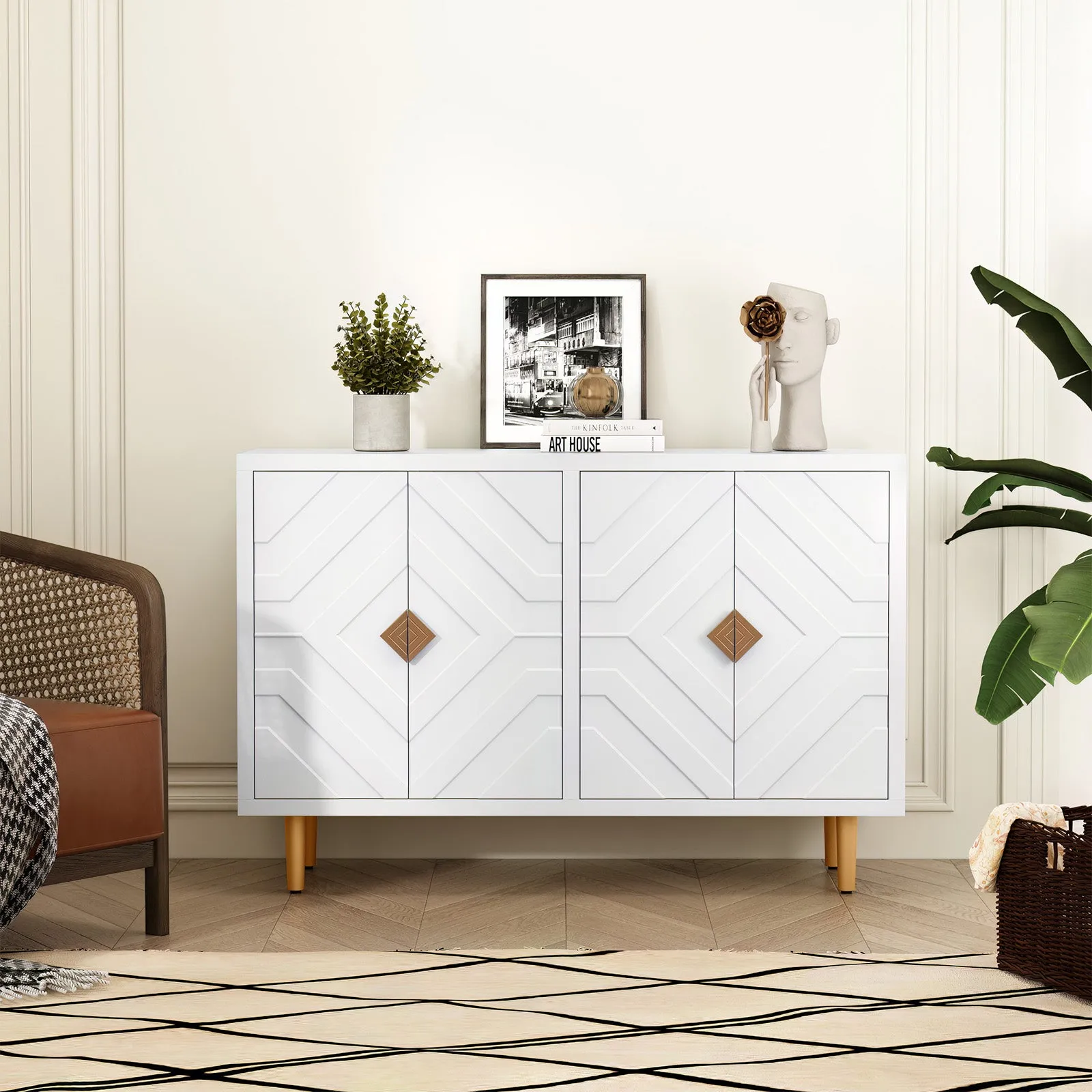 HLR White Modern Accent Cabinet Decorative Embossed Pattern Doors Sideboard Buffet Credenza with Storage  Stylish Storage for Living Room, Kitchen, Dining & Hallway