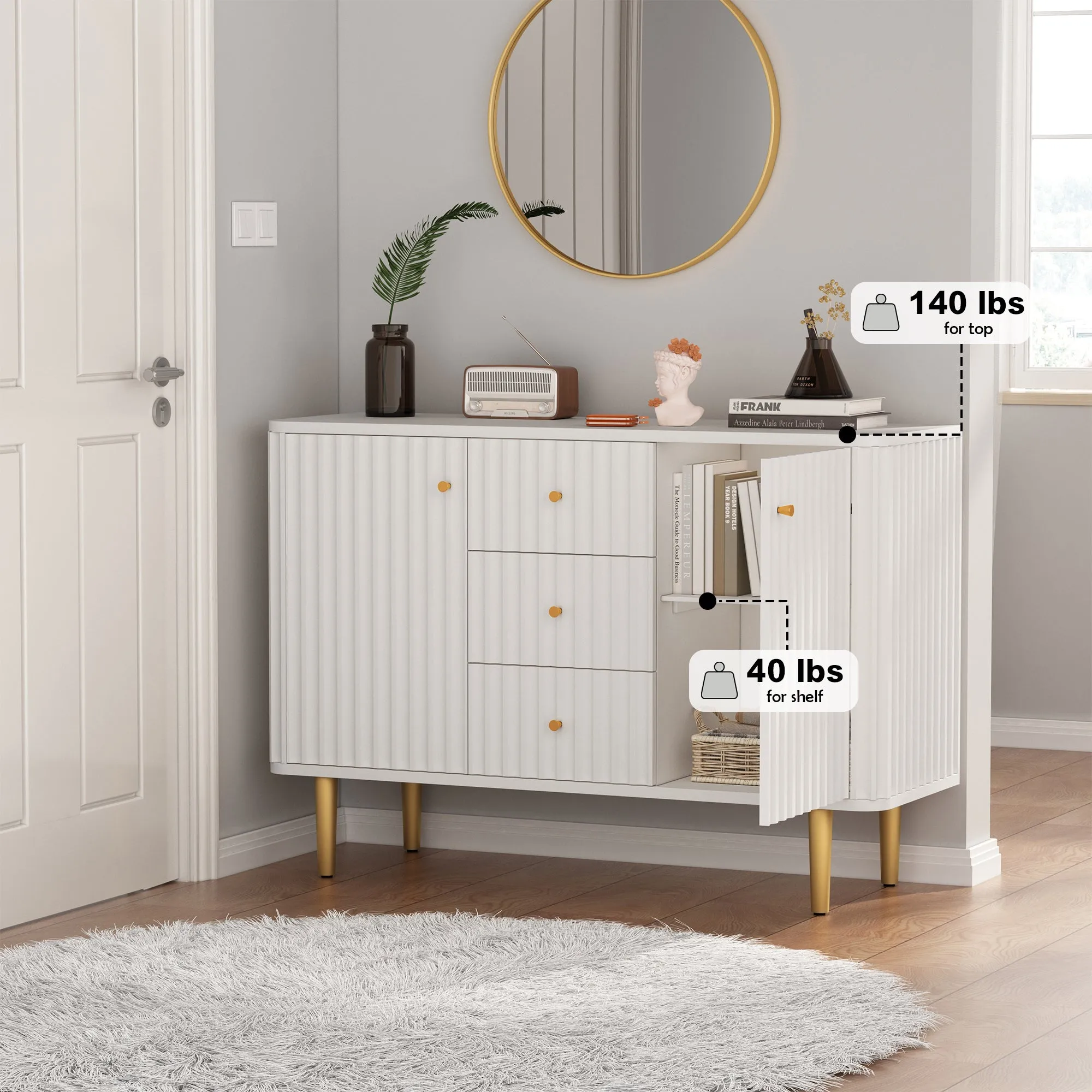 HLR White Modern Fluted Accent Sideboard Buffet with Drawers & Storage Cabinet  Stylish Organizer for Entryway, Kitchen & Living Room