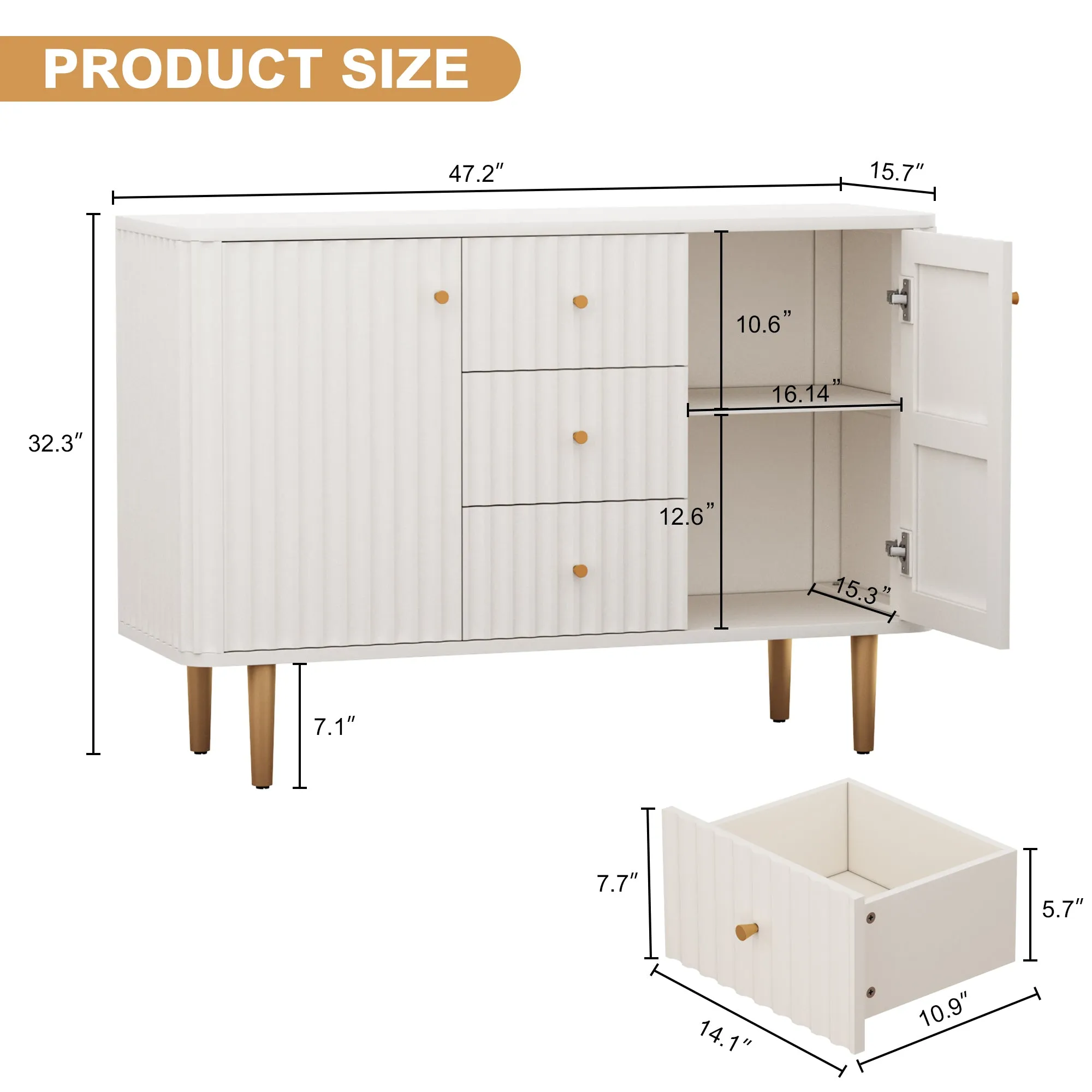 HLR White Modern Fluted Accent Sideboard Buffet with Drawers & Storage Cabinet  Stylish Organizer for Entryway, Kitchen & Living Room