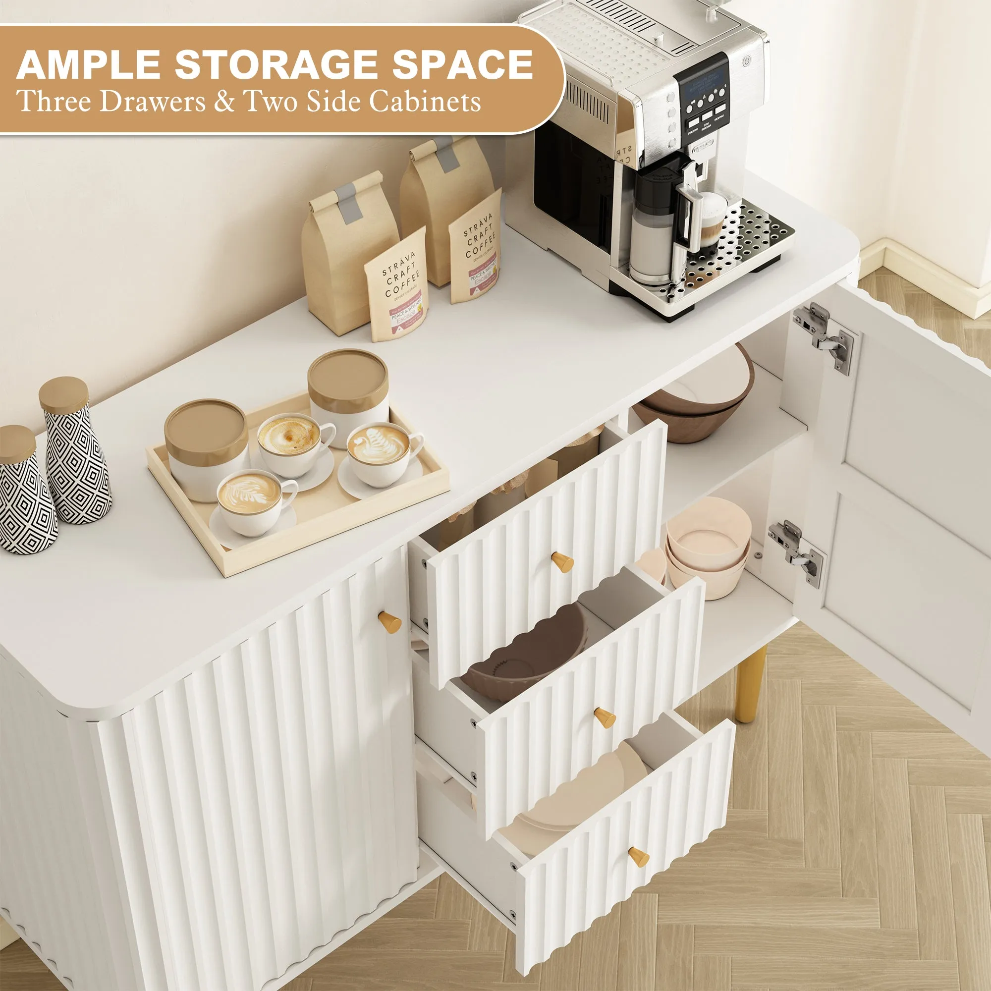HLR White Modern Fluted Accent Sideboard Buffet with Drawers & Storage Cabinet  Stylish Organizer for Entryway, Kitchen & Living Room