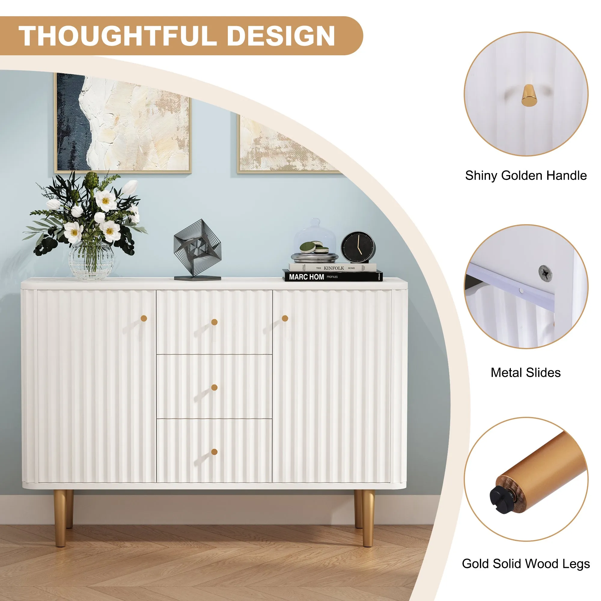 HLR White Modern Fluted Accent Sideboard Buffet with Drawers & Storage Cabinet  Stylish Organizer for Entryway, Kitchen & Living Room