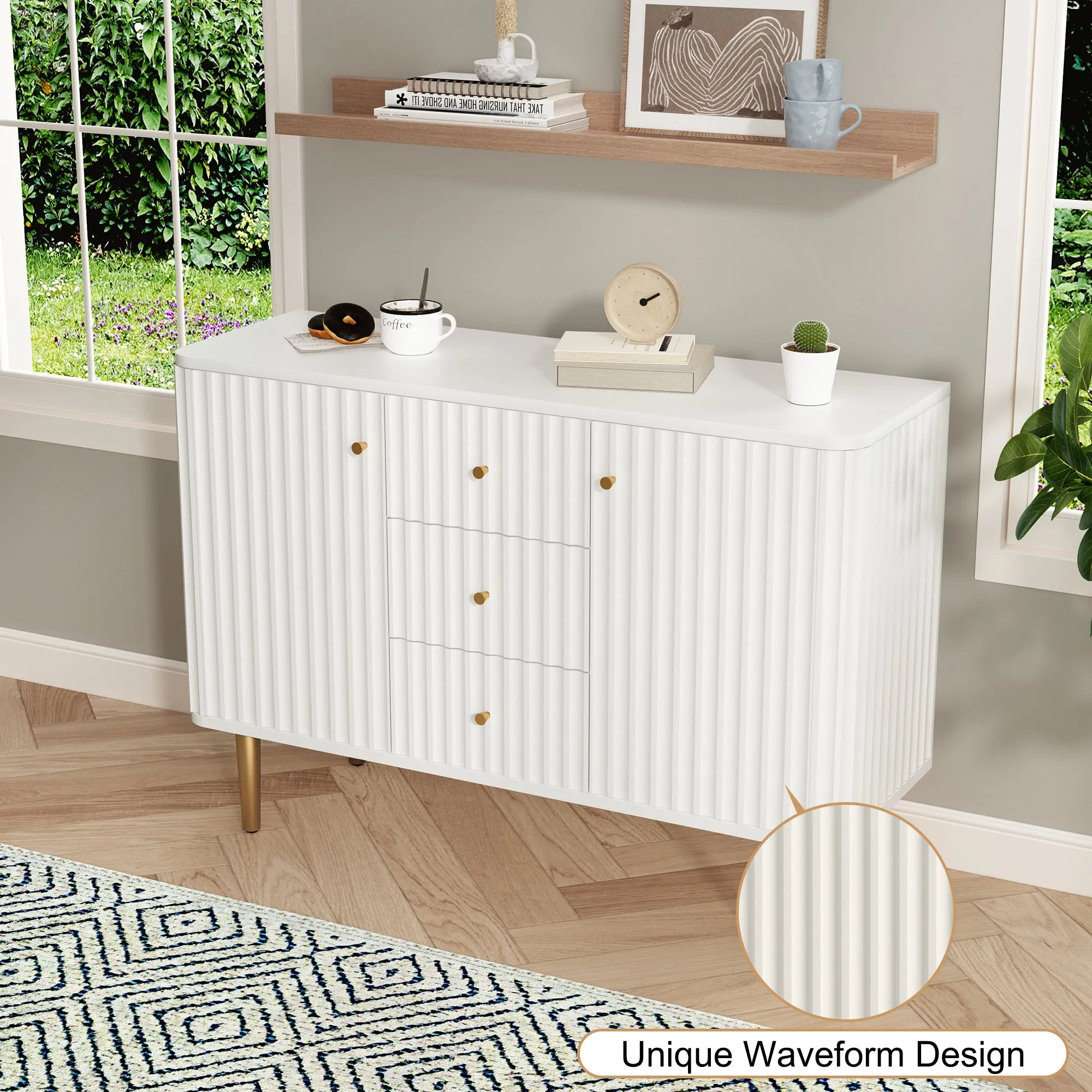 HLR White Modern Fluted Accent Sideboard Buffet with Drawers & Storage Cabinet  Stylish Organizer for Entryway, Kitchen & Living Room