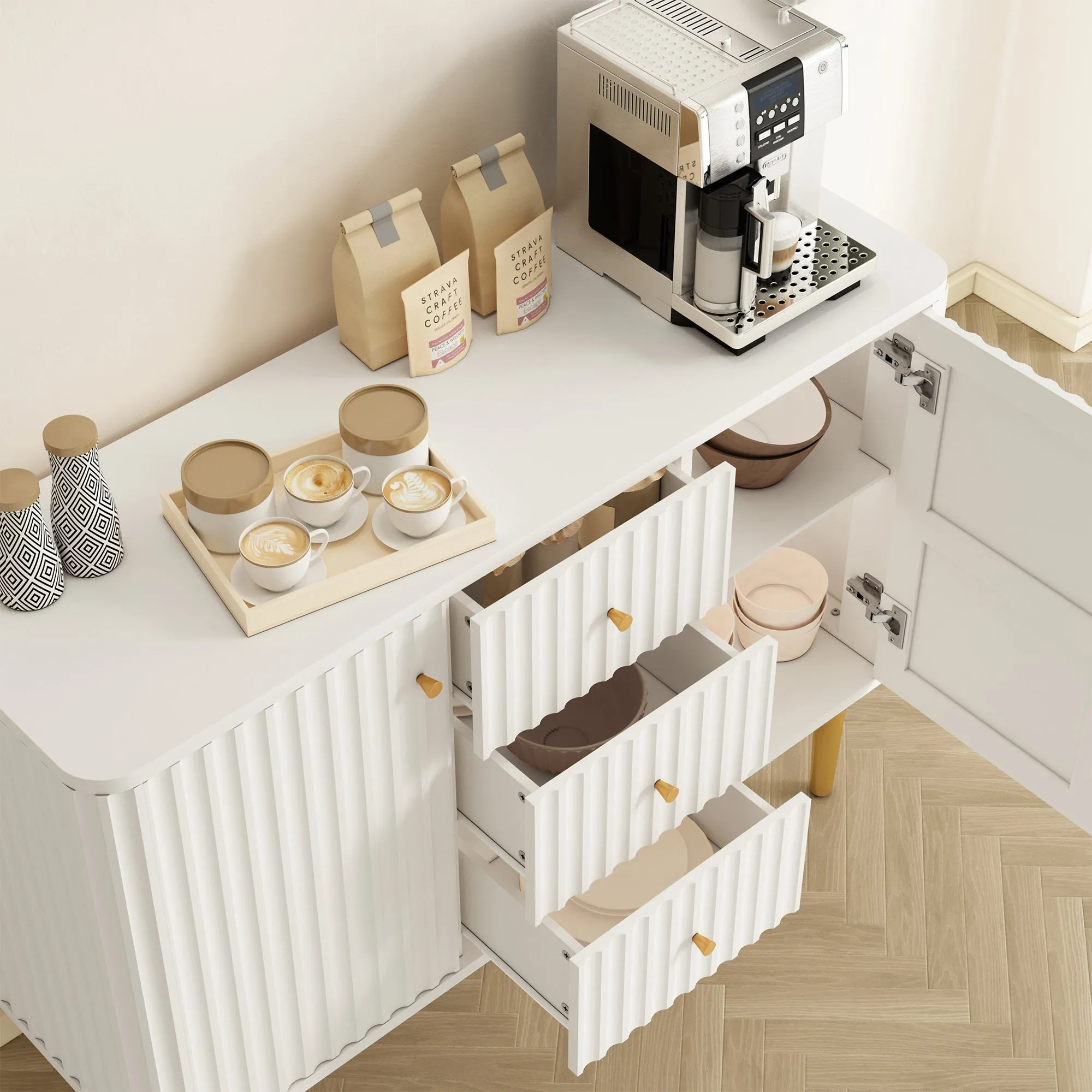 HLR White Modern Fluted Accent Sideboard Buffet with Drawers & Storage Cabinet  Stylish Organizer for Entryway, Kitchen & Living Room