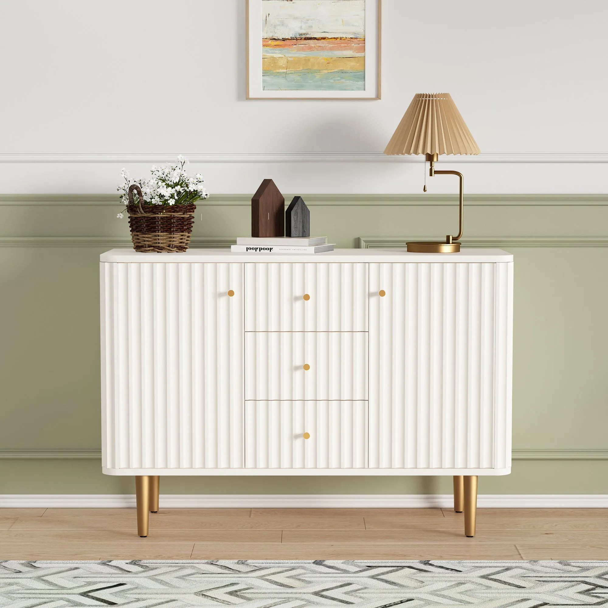 HLR White Modern Fluted Accent Sideboard Buffet with Drawers & Storage Cabinet  Stylish Organizer for Entryway, Kitchen & Living Room