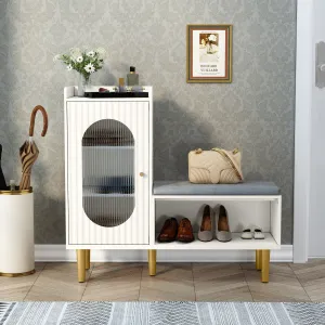 HLR White Modern Shoe Cabinet Bench with Glass Door, Shelf & Padded Seat  Multifunctional Storage for Entryway, Hallway, Living Room & Bedroom
