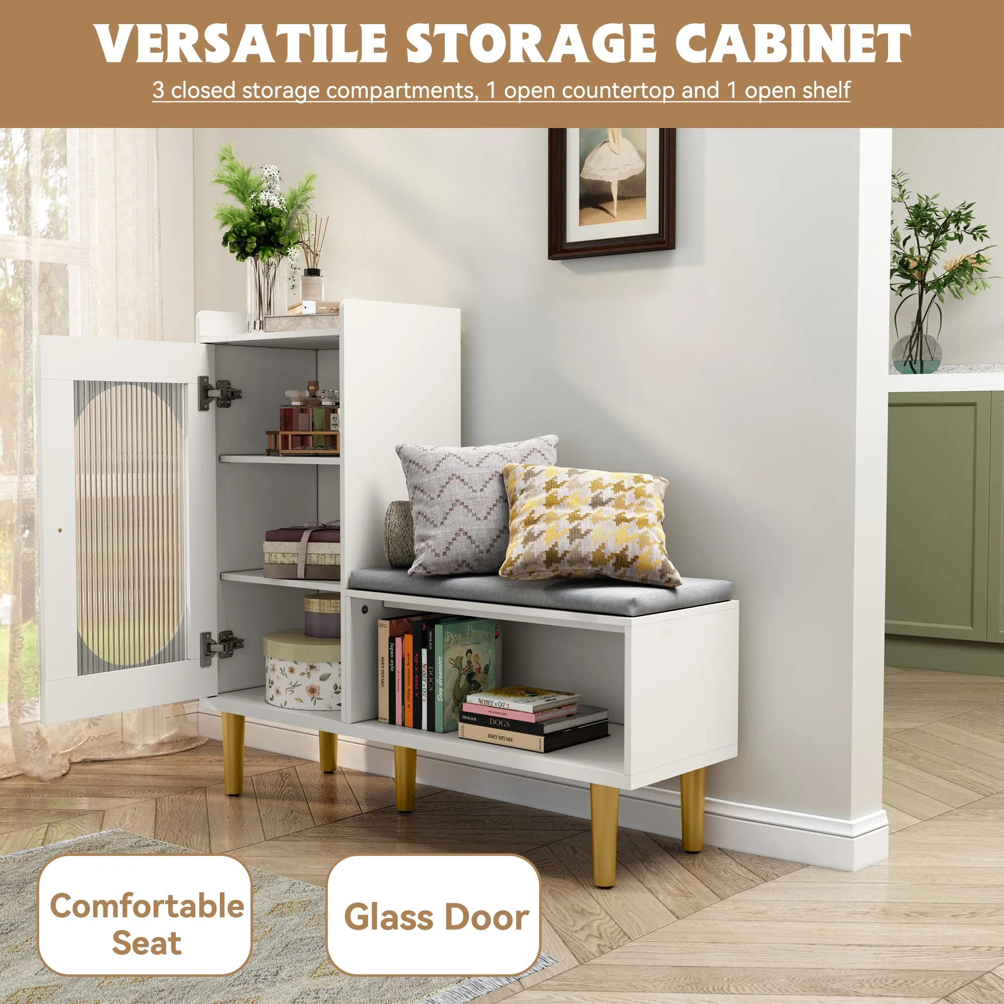 HLR White Modern Shoe Cabinet Bench with Glass Door, Shelf & Padded Seat  Multifunctional Storage for Entryway, Hallway, Living Room & Bedroom