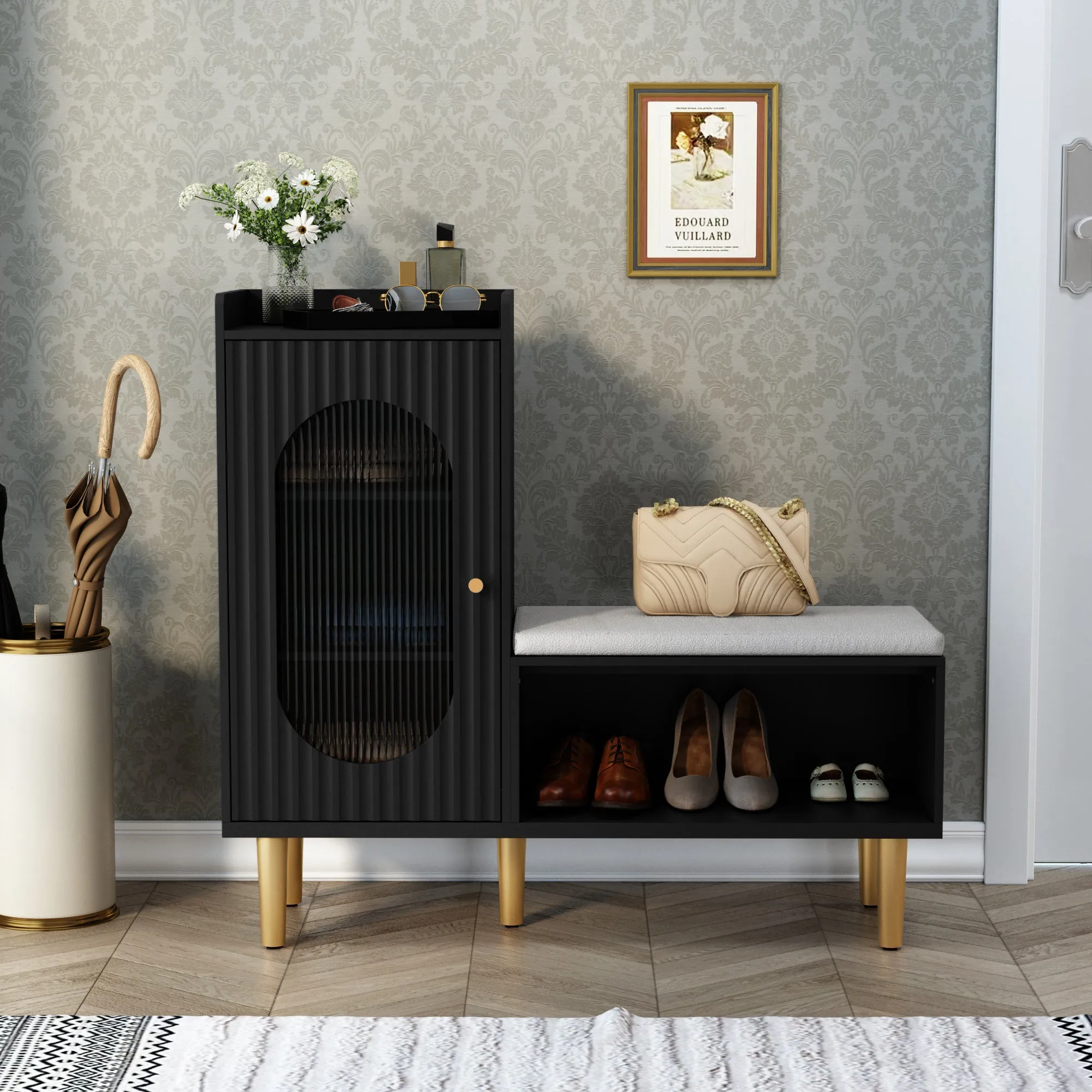 HLR White Modern Shoe Cabinet Bench with Glass Door, Shelf & Padded Seat  Multifunctional Storage for Entryway, Hallway, Living Room & Bedroom