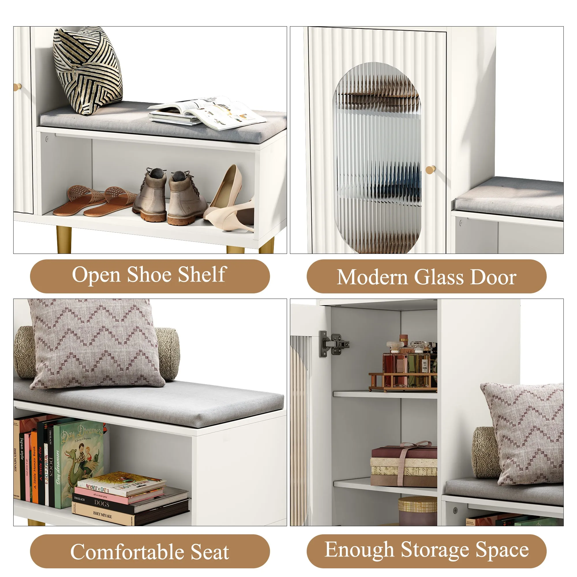 HLR White Modern Shoe Cabinet Bench with Glass Door, Shelf & Padded Seat  Multifunctional Storage for Entryway, Hallway, Living Room & Bedroom