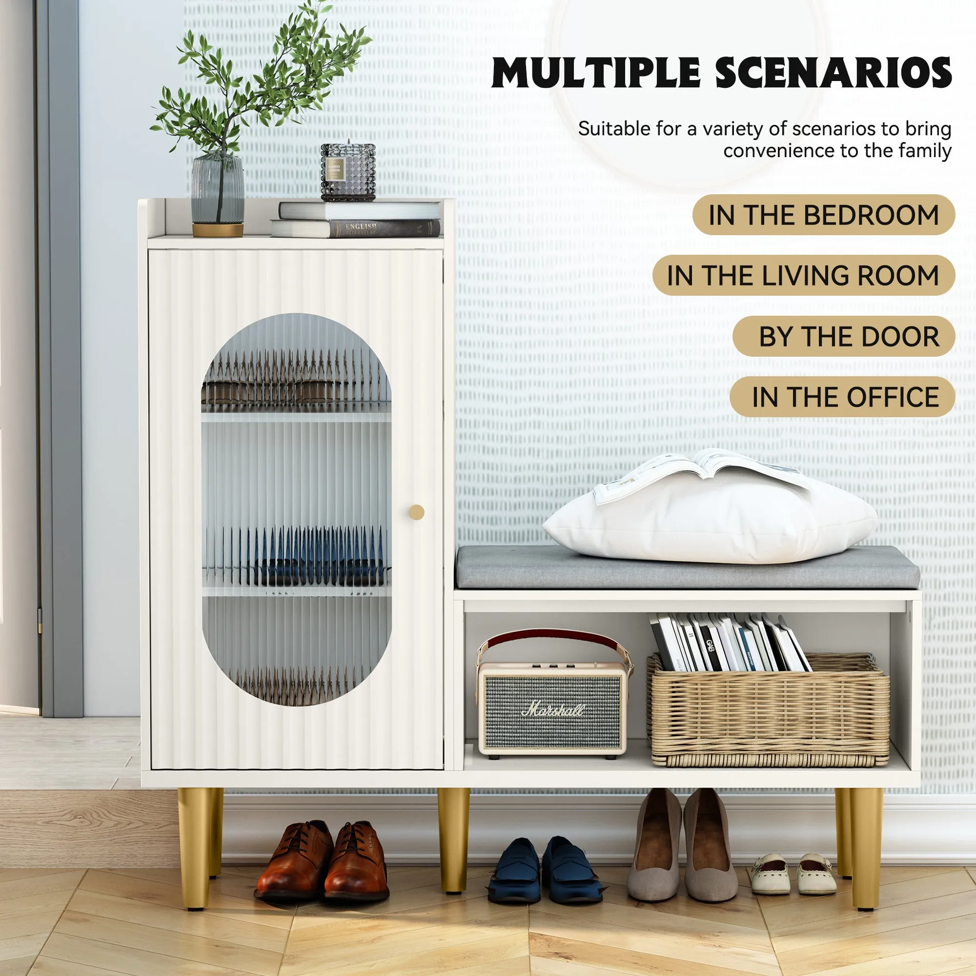 HLR White Modern Shoe Cabinet Bench with Glass Door, Shelf & Padded Seat  Multifunctional Storage for Entryway, Hallway, Living Room & Bedroom